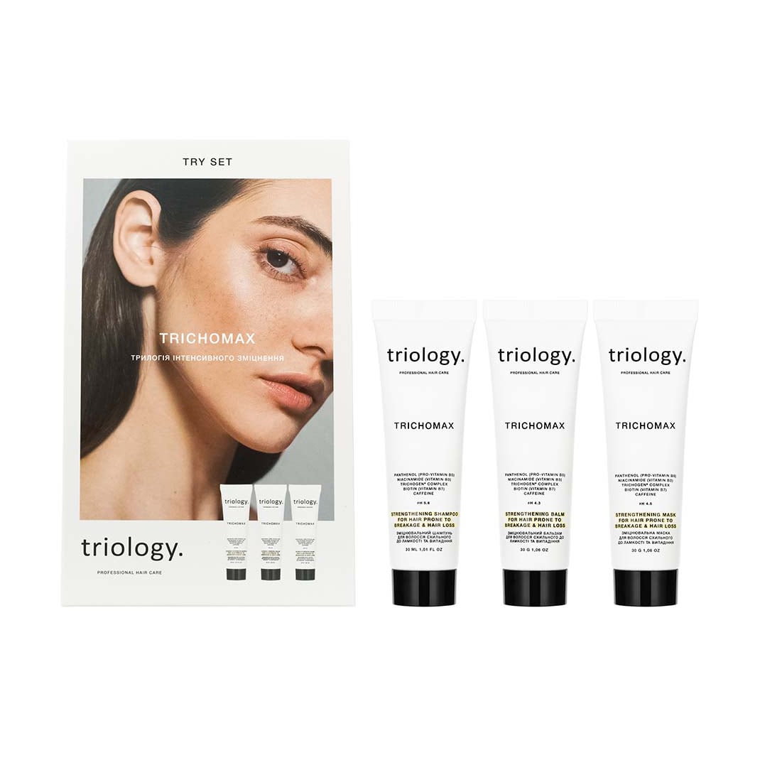 

Набір для волосся triology. Trichomax Try Set Трилогія інтенсивного зміцнення (шампунь, 30 мл + бальзам, 30 мл + маска, 30 мл)