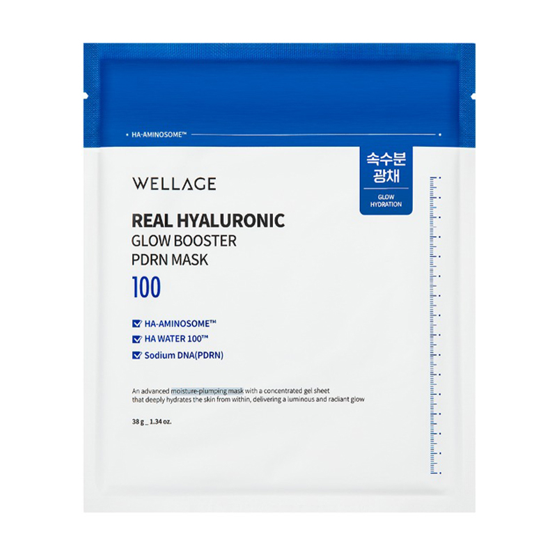 

Зволожувальна та відновлювальна гідрогелева маска для обличчя WELLAGE Real Hyaluronic 100 Glow Booster PDRN Mask з PDRN, 38 г