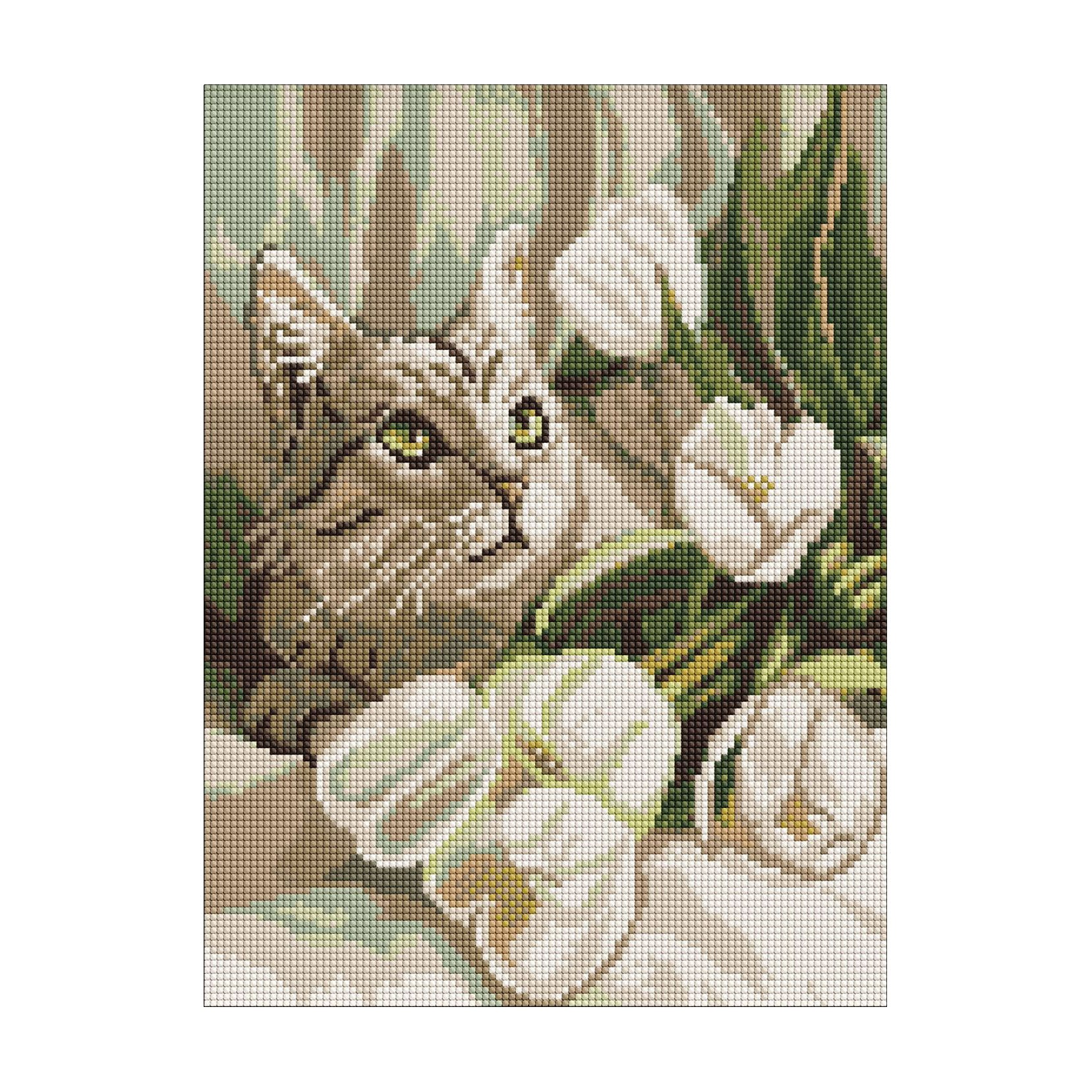 

Алмазна мозаїка Ideyka Зеленоокий кіт з тюльпанами, 30*40 см (AMO20099)