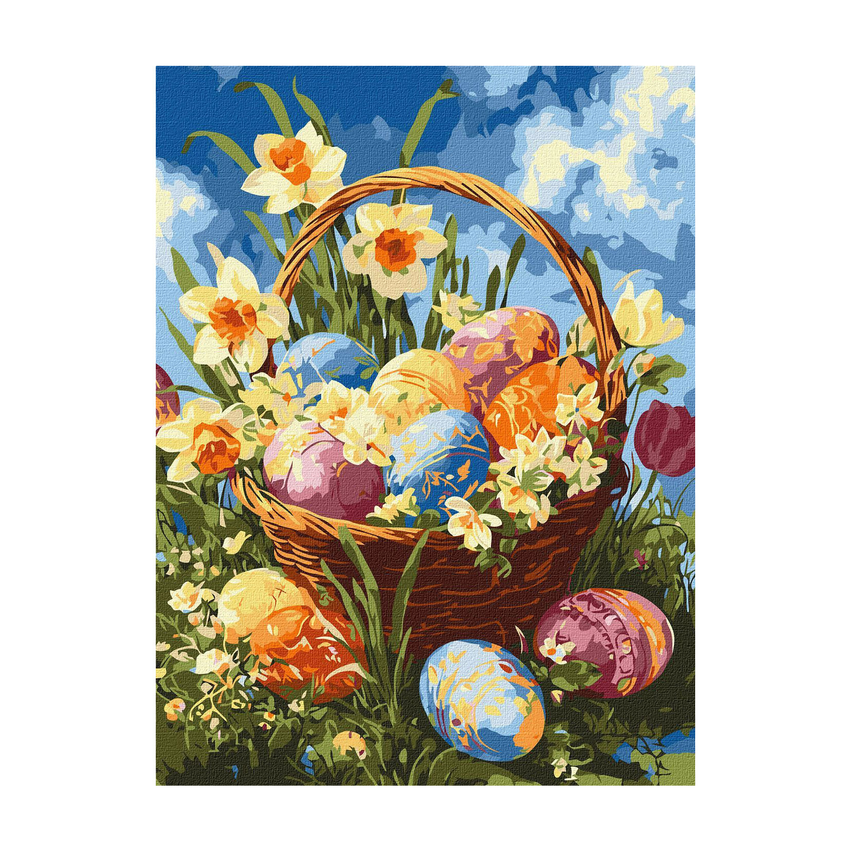 

Картина за номерами Ideyka Кошик із писанками та нарцисами, 30*40 см (KHO5185)