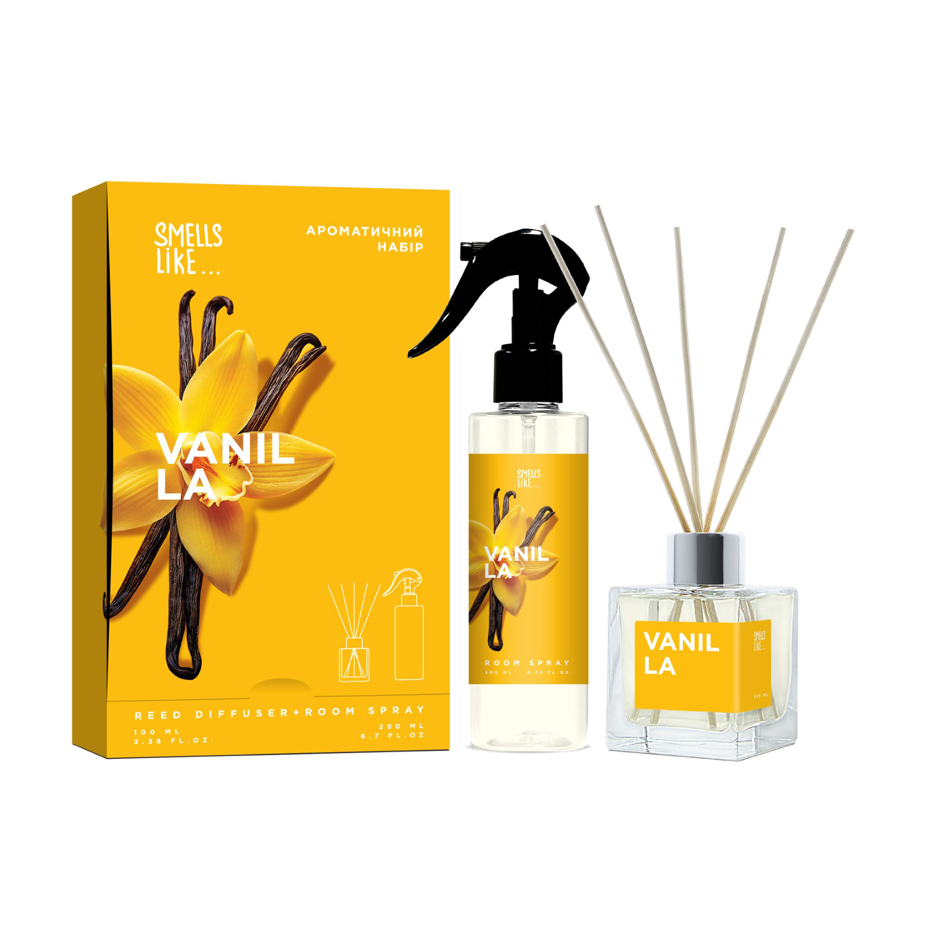 

Подарунковий набір Smells Like Vanilla (аромадифузор, 100 мл + ароматичний спрей для приміщень та текстилю, 200 мл)