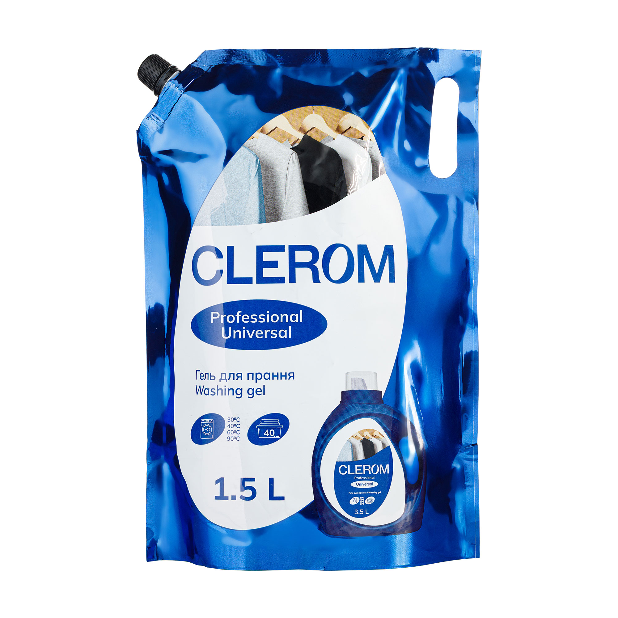 

Гель для прання CLEROM Professional Universal, 40 циклів прання, 1.5 л (дойпак)