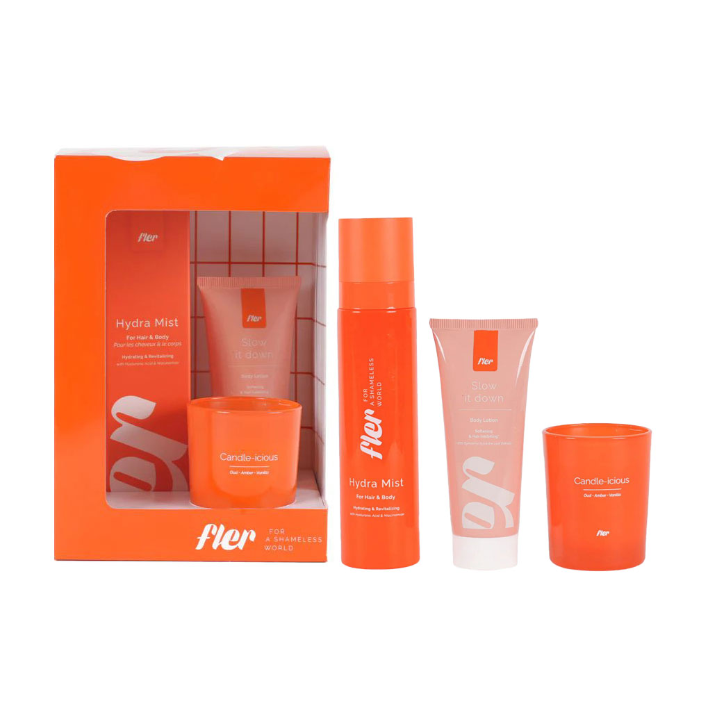 

Набір для релаксу та сяйва Fler Relax & Glow Set (лосьйон для тіла Slow It Down, 75 мл + спрей для тіла та волосся Hydra Mist, 150 мл + свічка, 75 г)