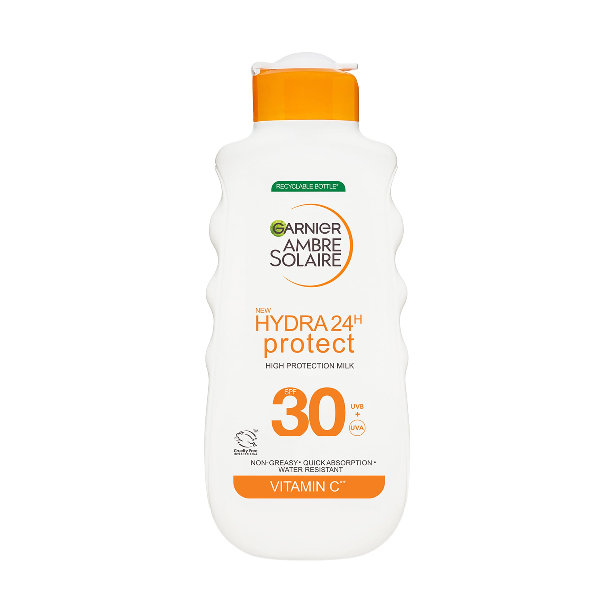 

Водостійке сонцезахисне молочко GARNIER Ambre Solaire Hydra 24H Protect High Protection Milk SPF 30 проти сухості шкіри тіла та обличчя, 200 мл