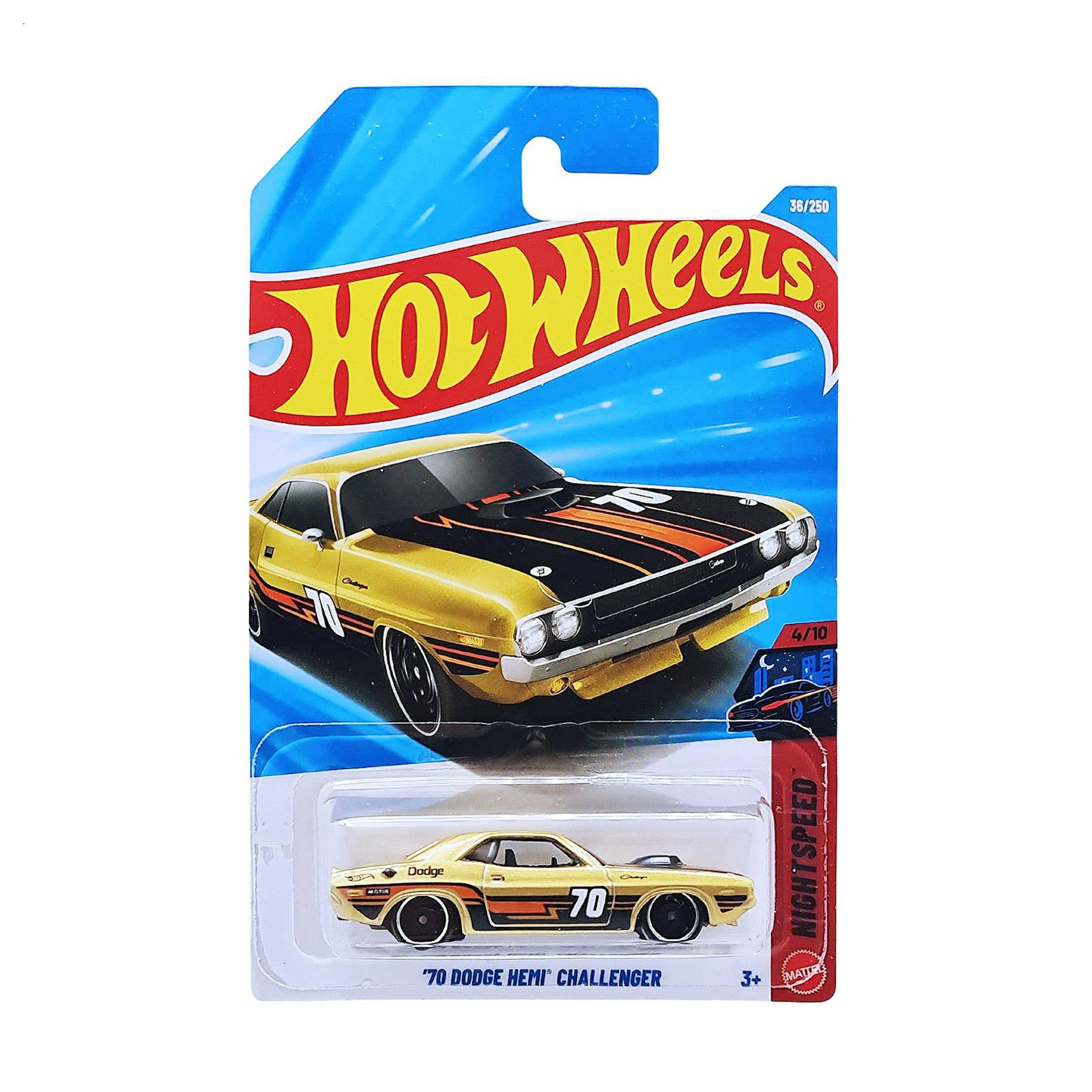 

Базовий автомобіль Hot Wheels D70 Dodge Hemi Challenger золотий з чорно-помаранчевим тюнінгом, від 3 років, 11*3.5*11 см (5785)