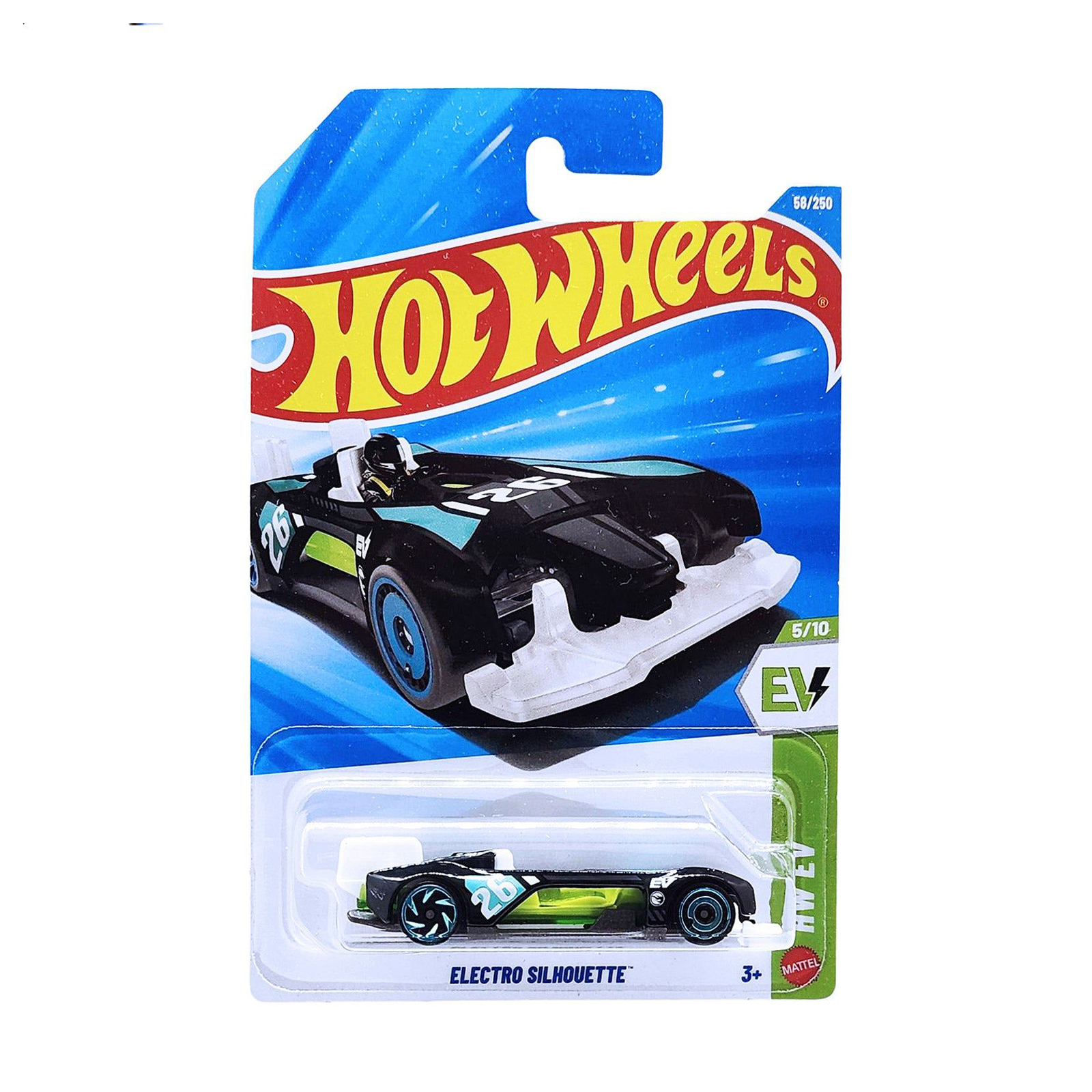 

Базовий автомобіль Hot Wheels Elektro Silhouette чорний з білими та салатовими вставками, від 3 років, 11*3.5*11 см (5785)
