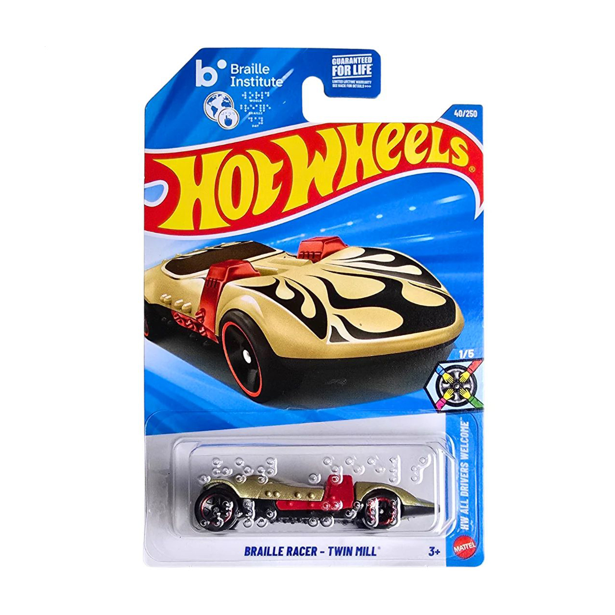 

Базовий автомобіль Hot Wheels Braille Racer/Voiture De Course-Twin Mill золотий з чорним малюнком, від 3 років, 11*3.5*11 см (5785)