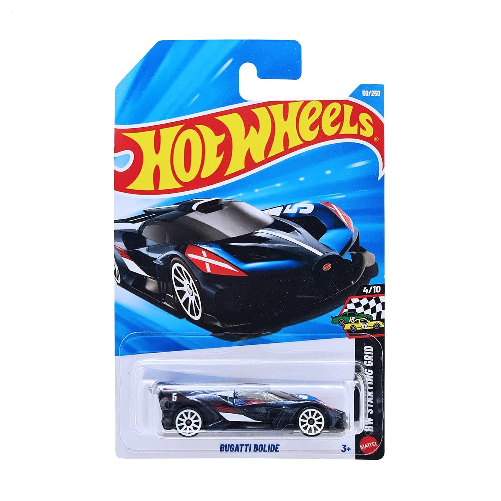 

Базовий автомобіль Hot Wheels Bugatti Bolide темно-синій перламутр з червоною та білою смугами, від 3 років, 11*3.5*11 см (5785)