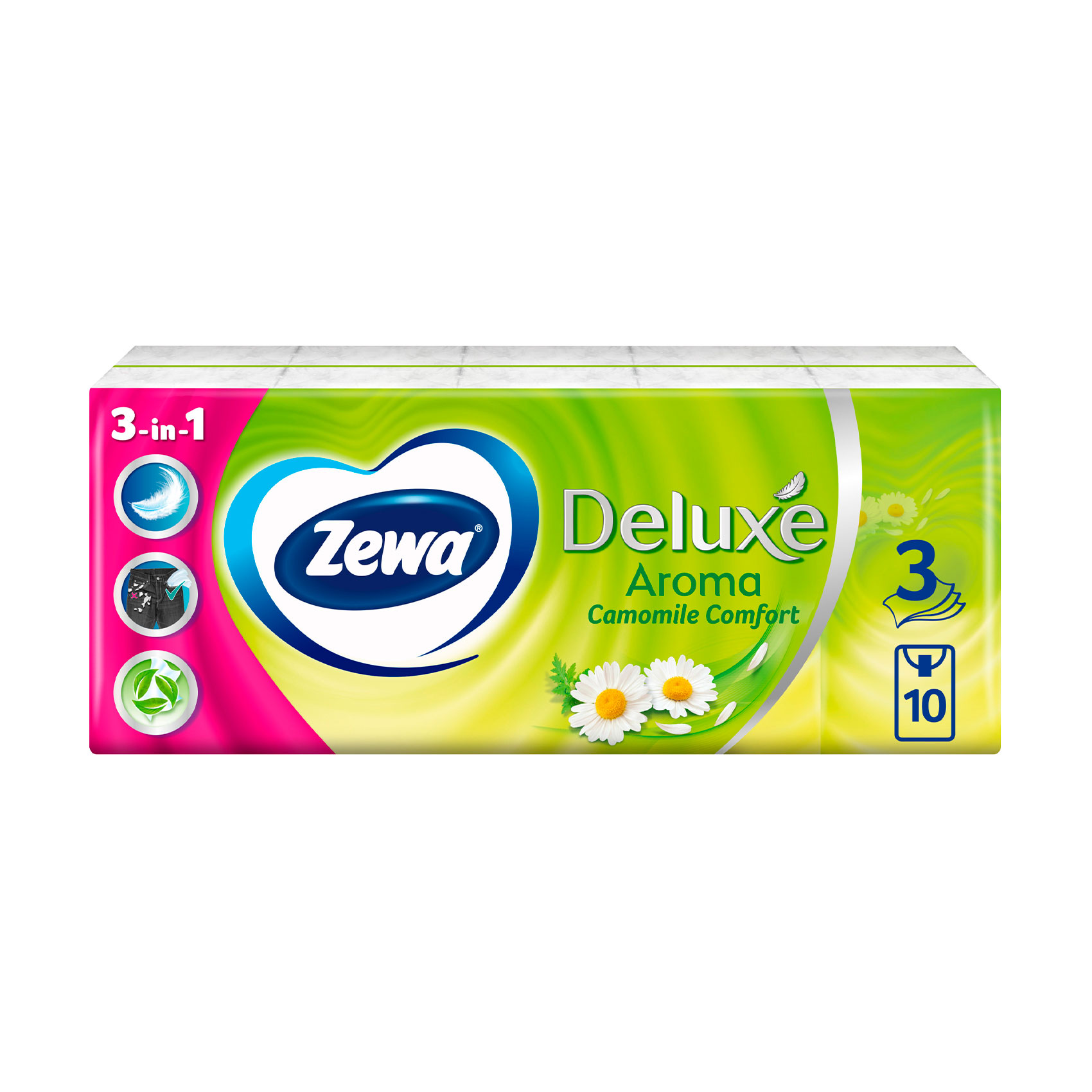 

Паперові носові хустинки Zewa Deluxe Ромашка, 3-шарові, 10*10 шт