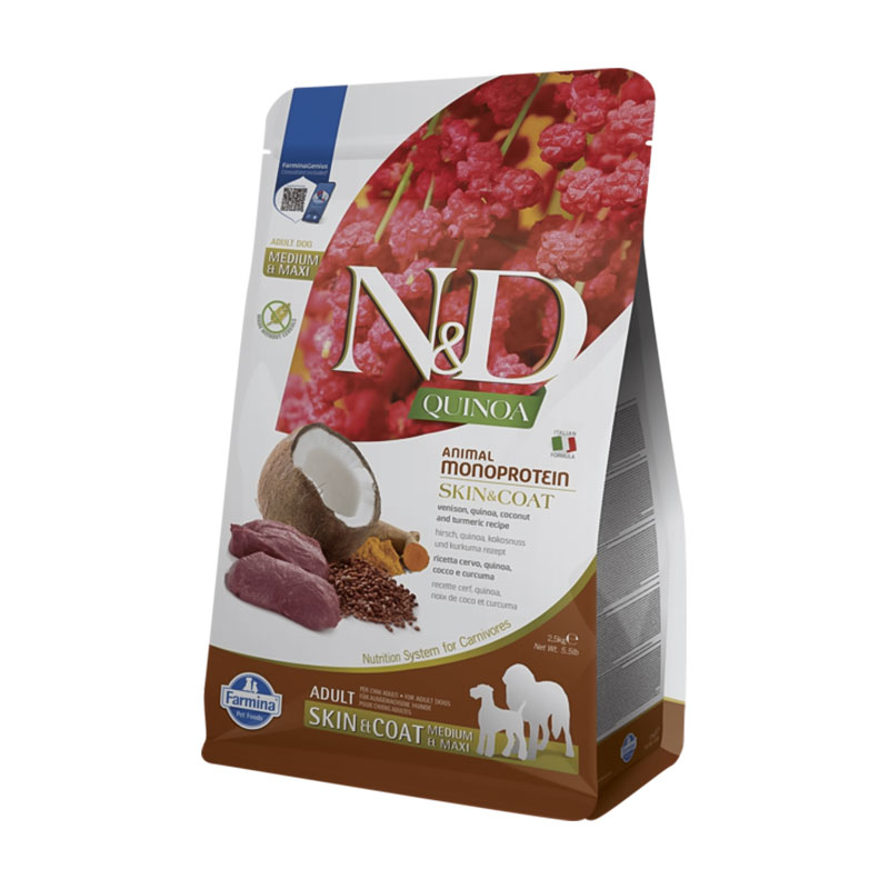 

Сухий корм для дорослих собак середніх та великих порід Farmina N&D Quinoa Adult Skin & Coat з олениною та кокосом, 2.5 кг