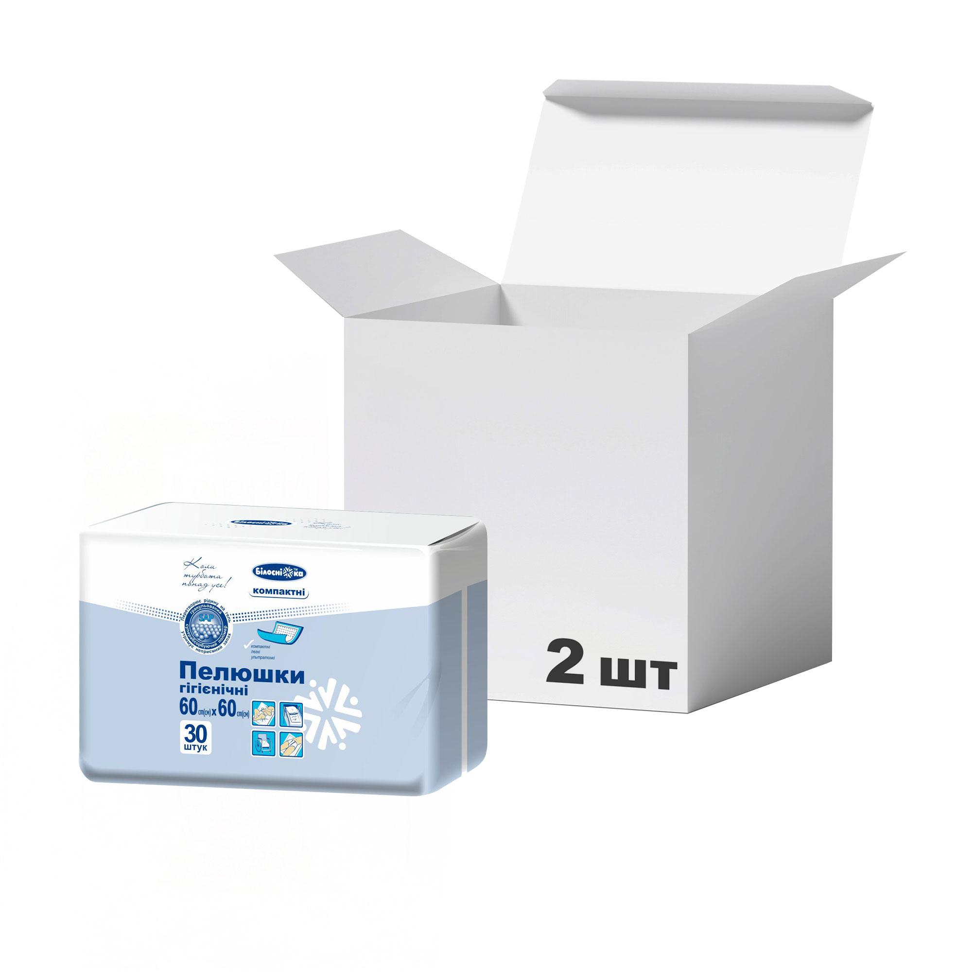 

Упаковка пелюшок гігієнічних Білосніжка Компактні, 60*60 см, 30 шт * 2 шт