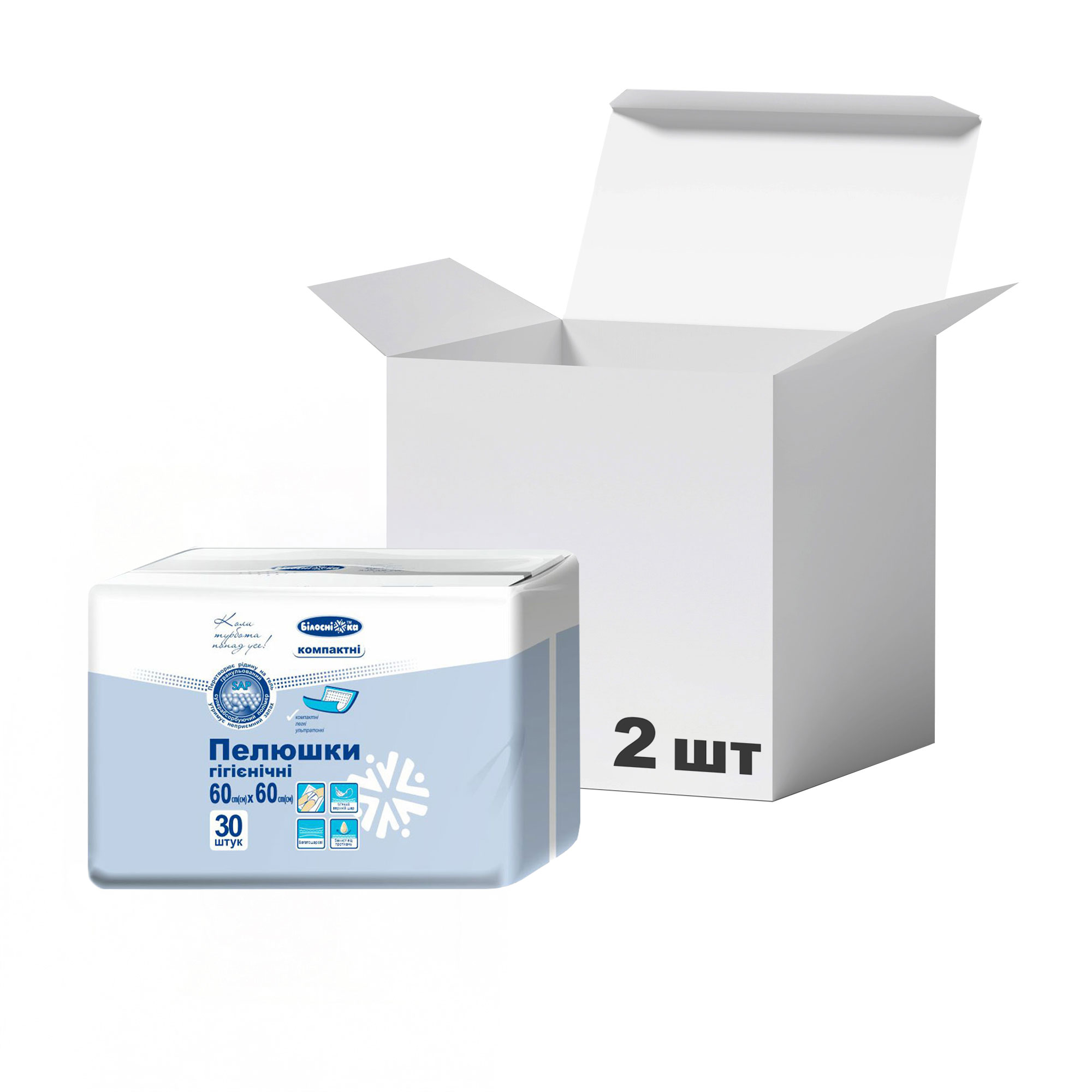 

Упаковка пелюшок гігієнічних Білосніжка Компактні, 60*60 см, 30 шт * 2 шт