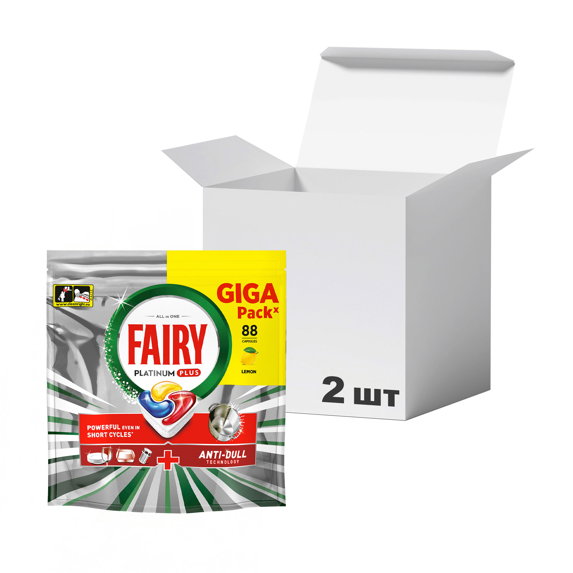 

Упаковка капсул для посудомийної машини Fairy Platinum Plus Все в 1 Швидкий цикл, з ароматом лимону, 88 шт * 2 шт