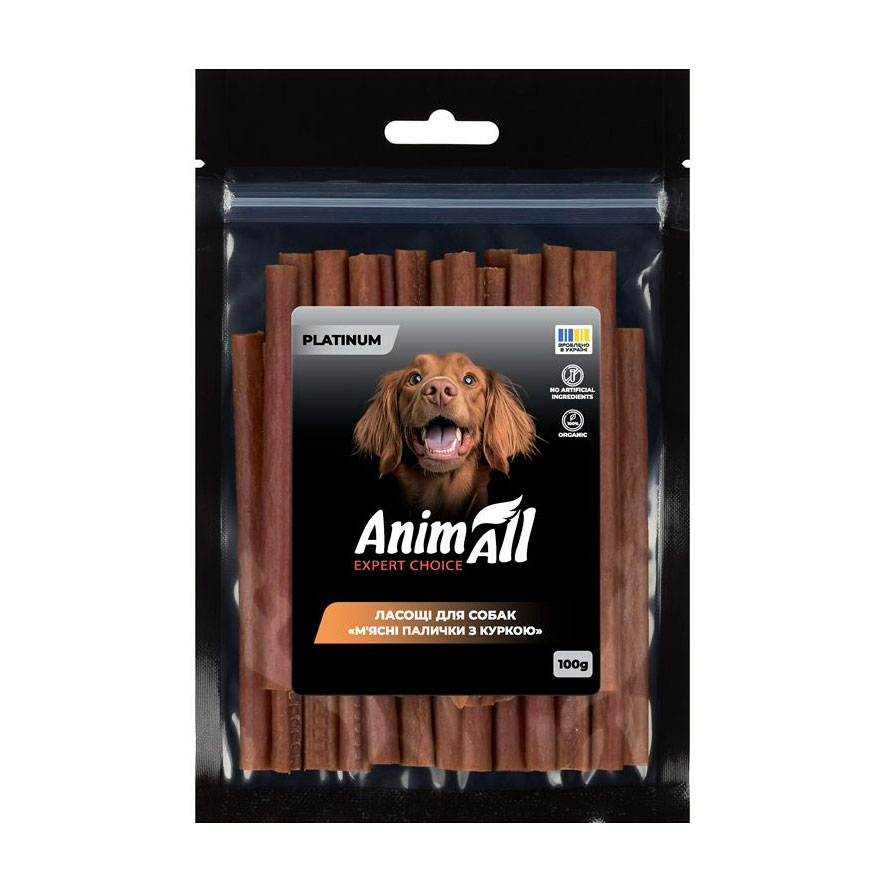 

Ласощі для собак AnimAll Platinum М'ясні палички з куркою, 100 г