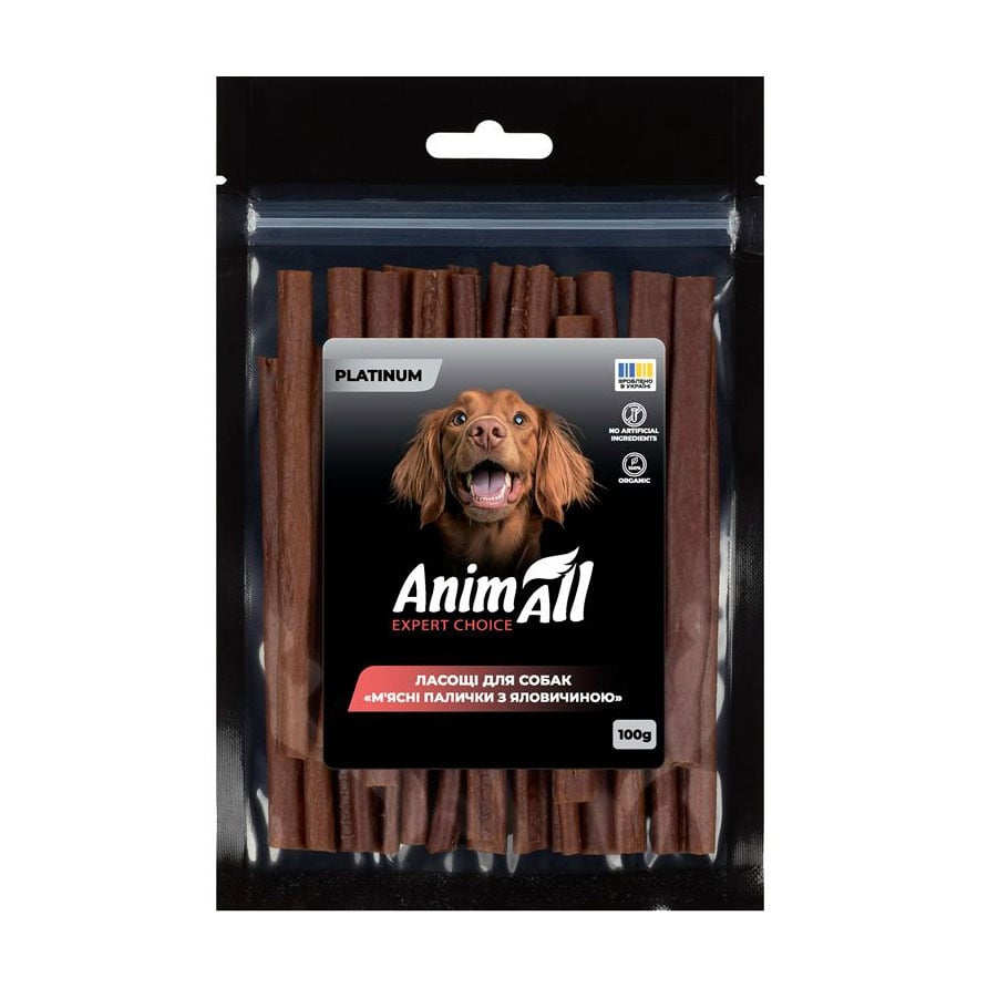 

Ласощі для собак AnimAll Platinum М'ясні палички з яловичиною, 100 г