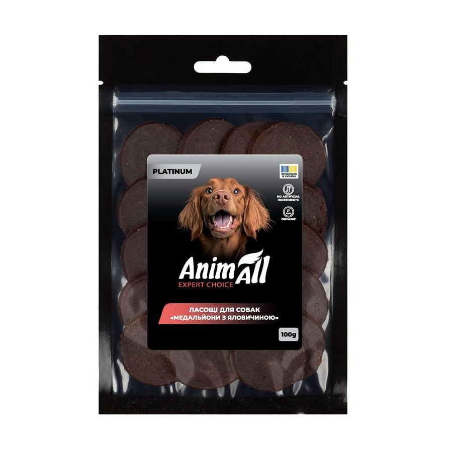 

Ласощі для собак AnimAll Platinum Медальйони з яловичиною, 100 г