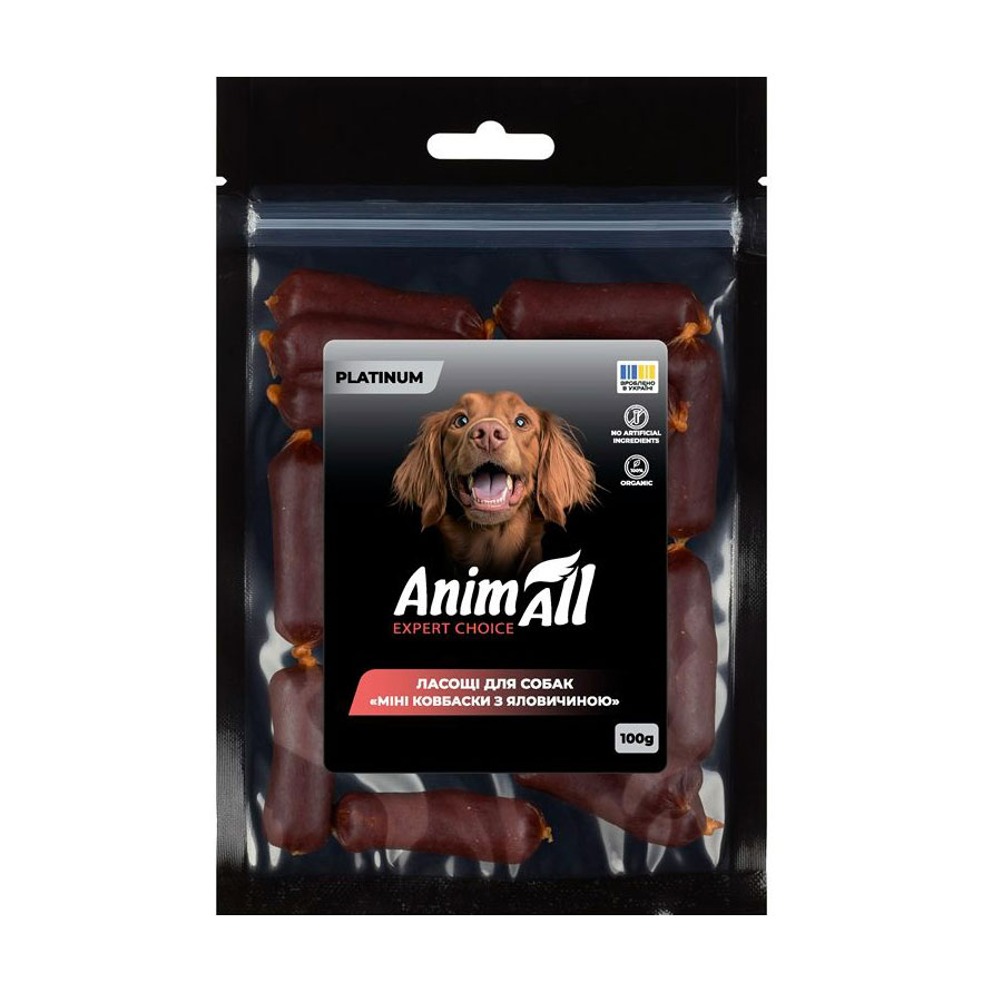 

Ласощі для собак AnimAll Platinum Міні ковбаски з яловичиною, 100 г