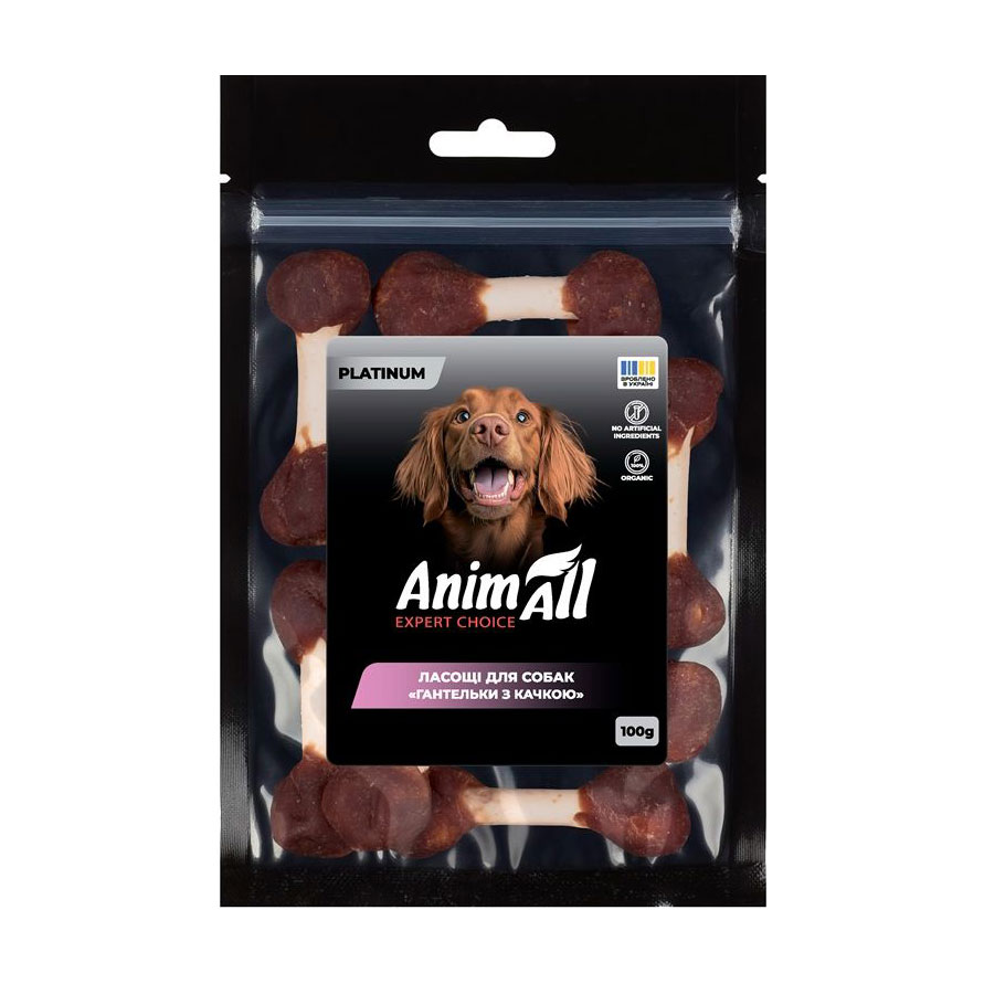 

Ласощі для собак AnimAll Platinum Гантельки з качкою, 100 г