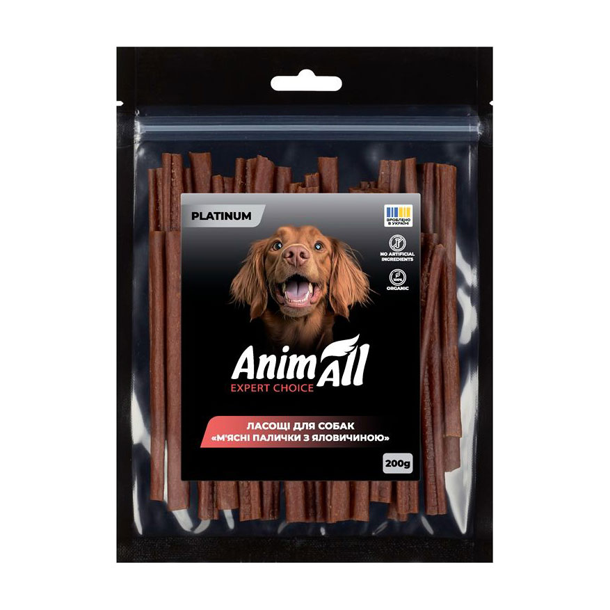 

Ласощі для собак AnimAll Platinum М'ясні палички з яловичиною, 200 г
