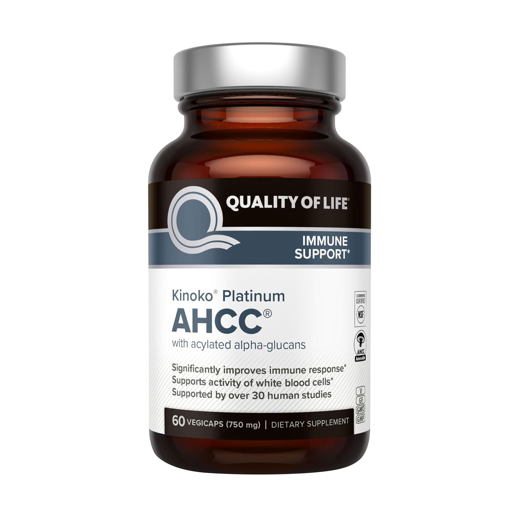 

Комплекс для підтримки імунітету Quality of Life Premium Kinoko Platinum AHCC With Acylated Alpha-Glucans, 60 вегетаріанських капсул