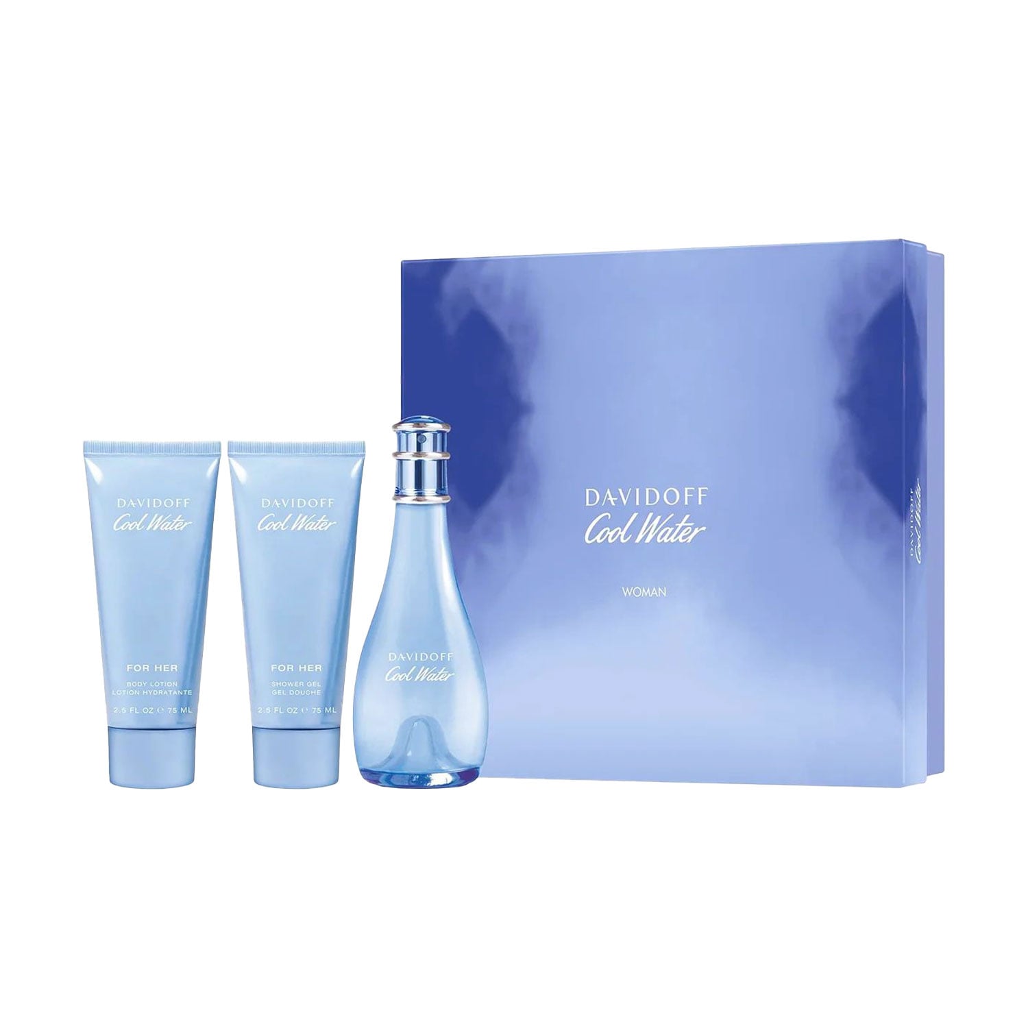 

Парфумований набір жіночий Davidoff Cool Water (туалетна вода, 100 мл + лосьйон для тіла, 75 мл + гель для душу, 75 мл)