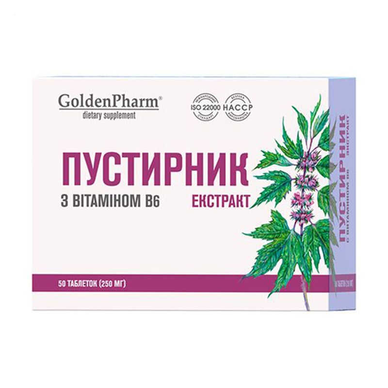 

Екстракт пустирника з вітаміном В6 Golden Pharm, 250 мг, 50 таблеток