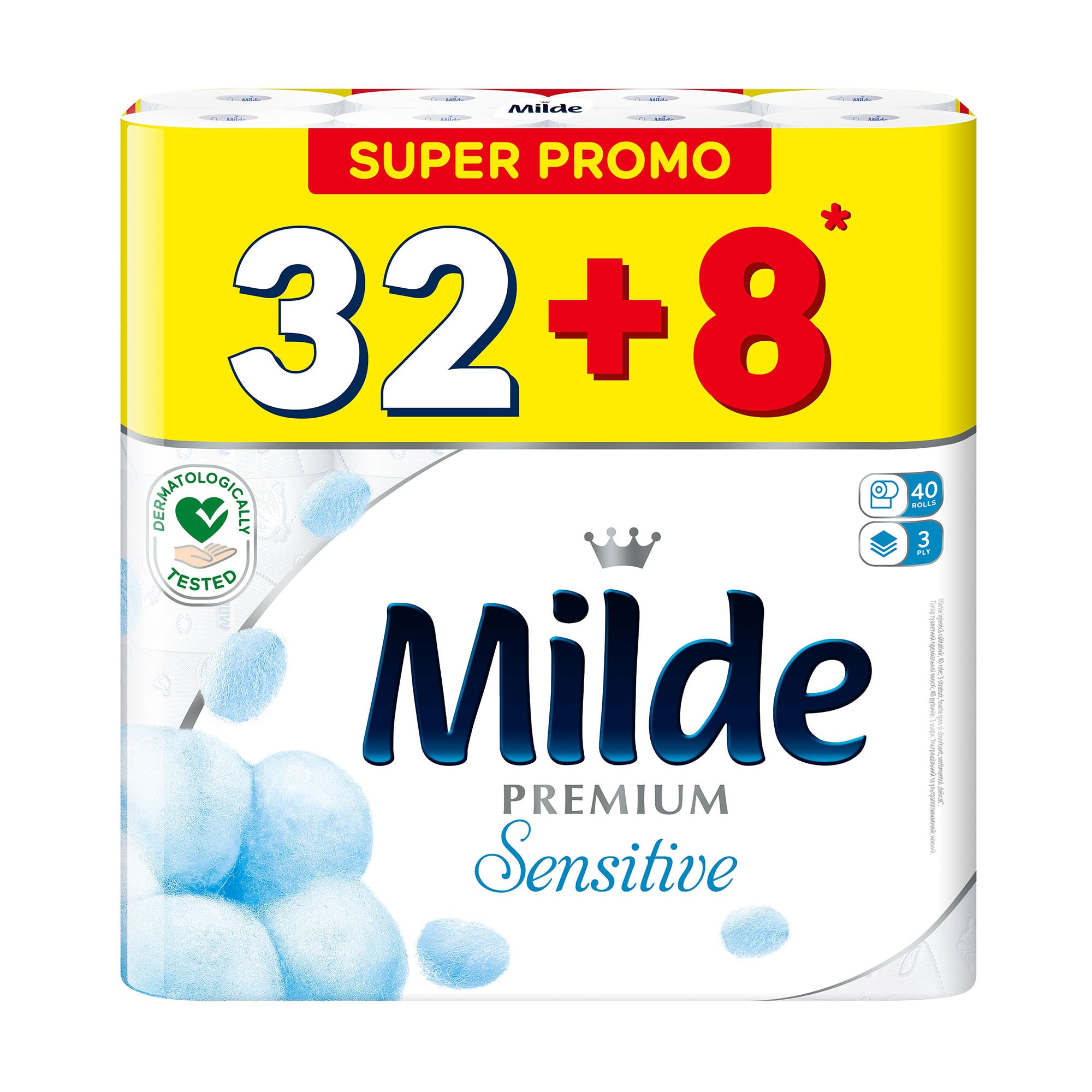 

Туалетний папір Milde Premium Sensitive білий, 3-шаровий, 40 рулонів