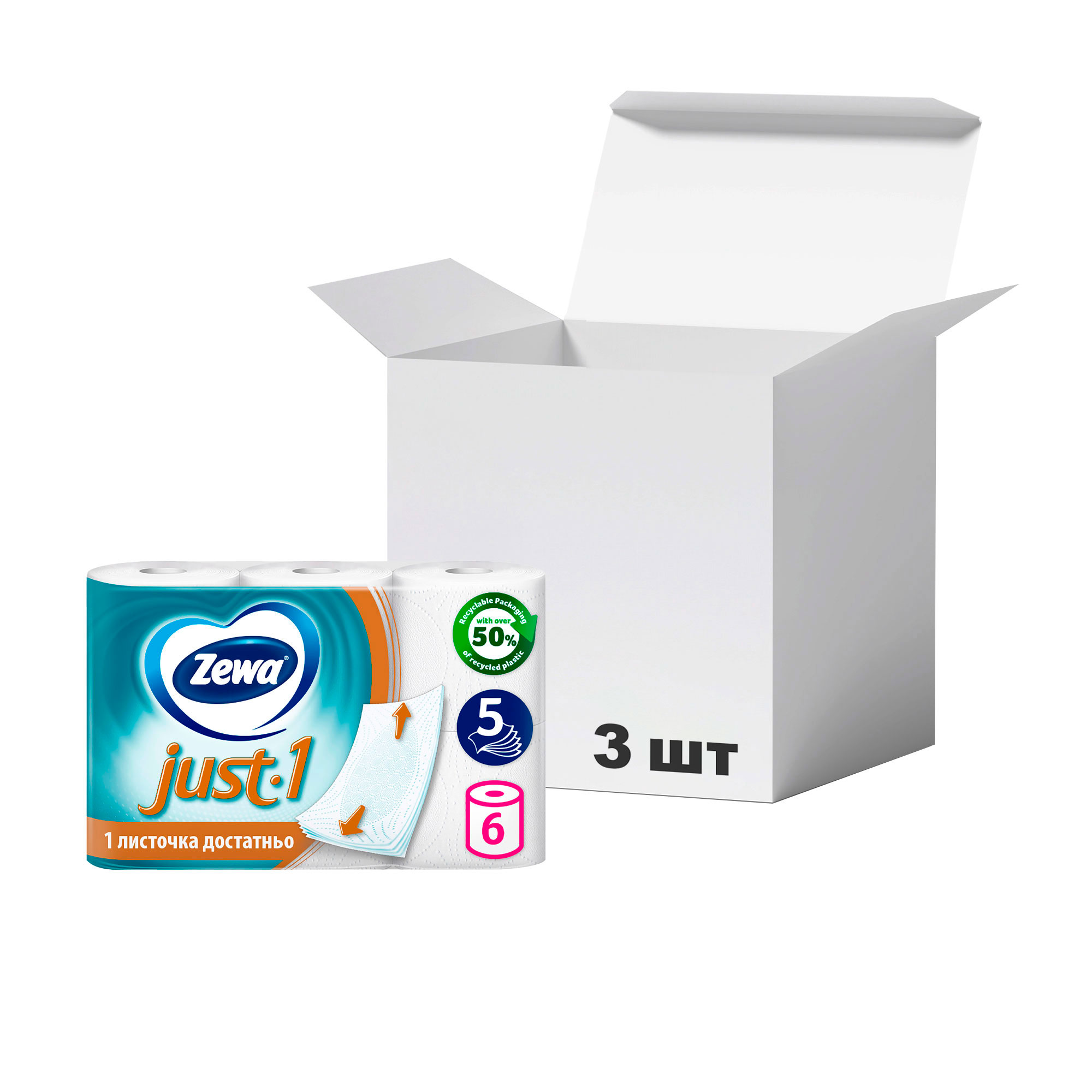 

Упаковка туалетного паперу Zewa Just 1 білий, 5-шаровий, 70 відривів, 6 рулонів * 3 шт