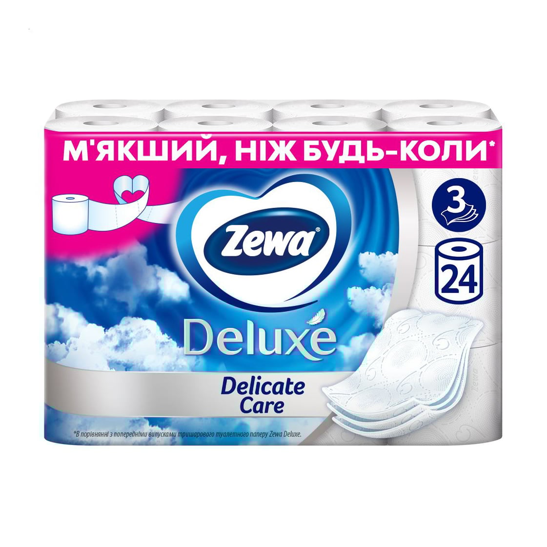 

Туалетний папір Zewa Deluxe Delicate Care білий, 3 шаровий, 24 рулони