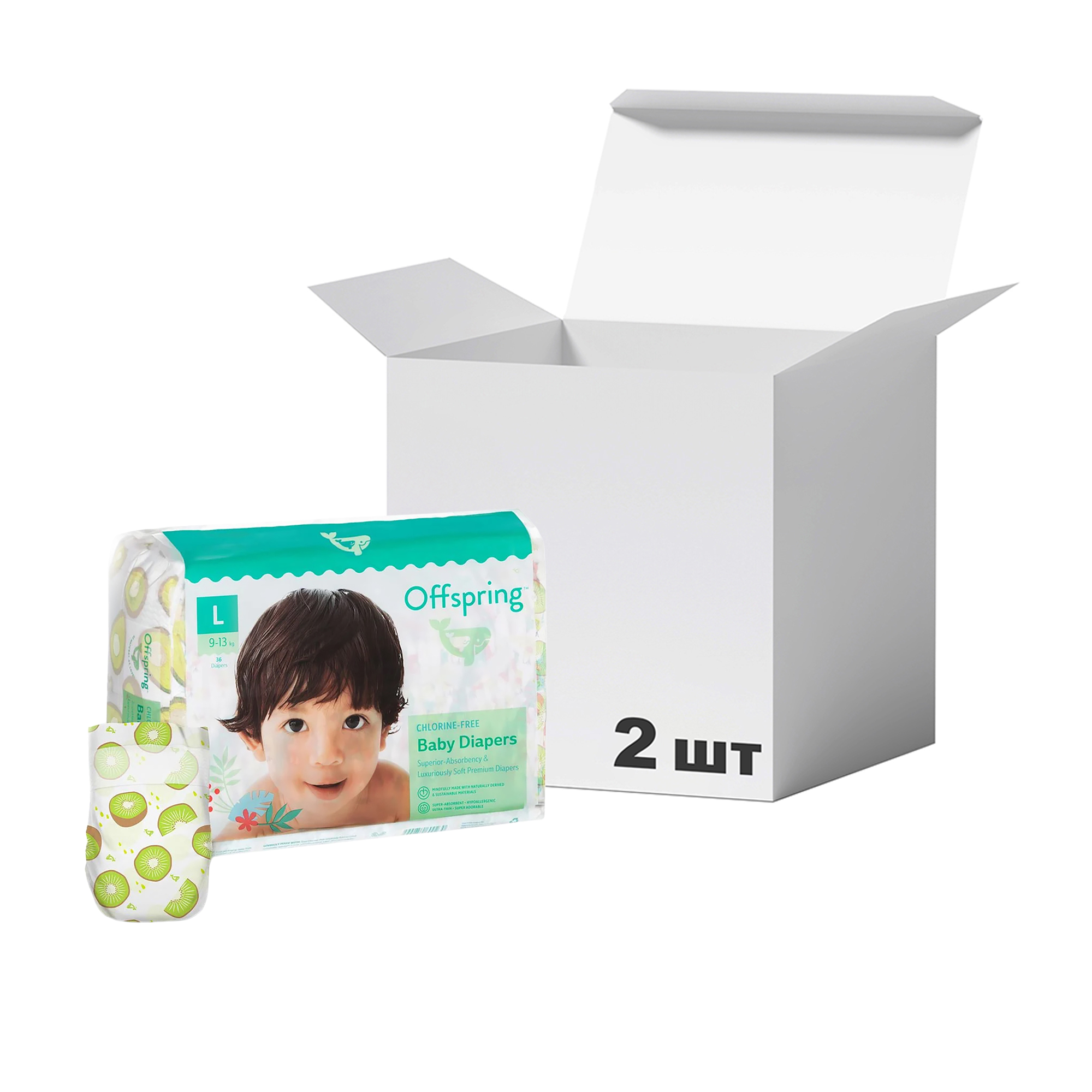 

Упаковка підгузків Offspring Hairykiwi, розмір L (9-13 кг), 36 шт * 2 шт