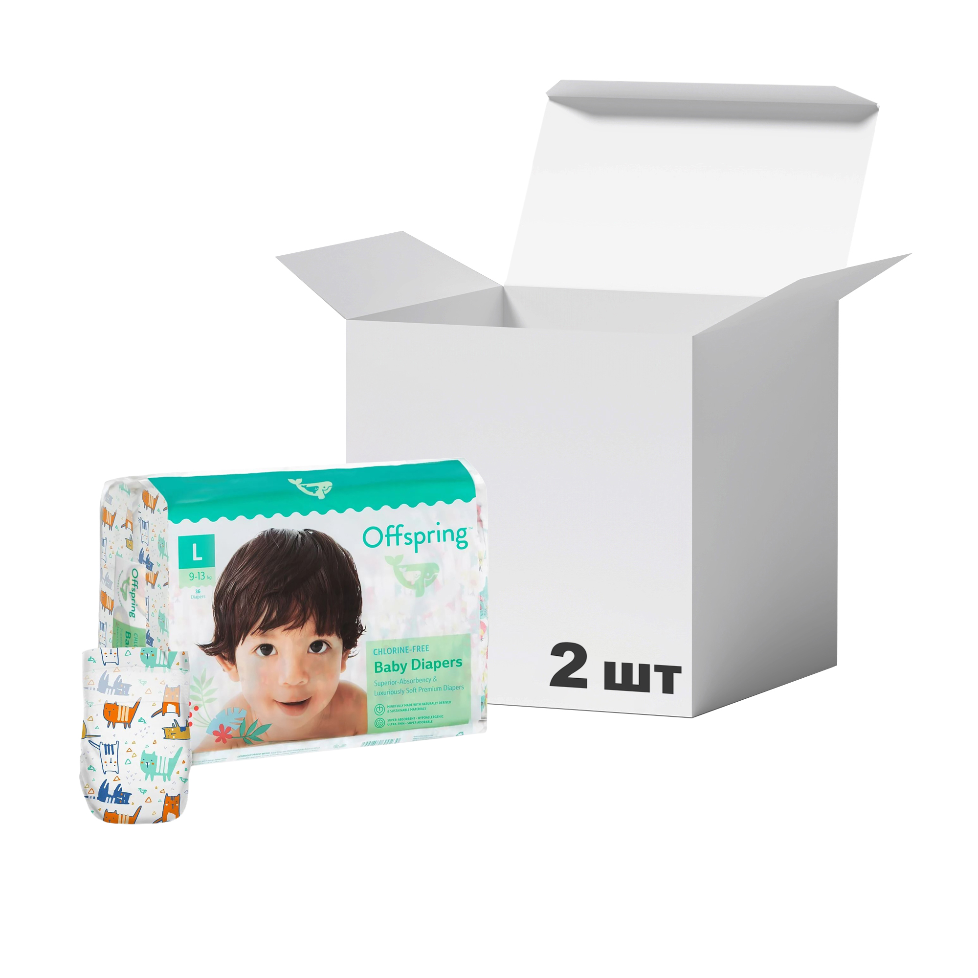 

Упаковка підгузків Offspring Meow The Cat, розмір L (9-13 кг), 36 шт * 2 шт