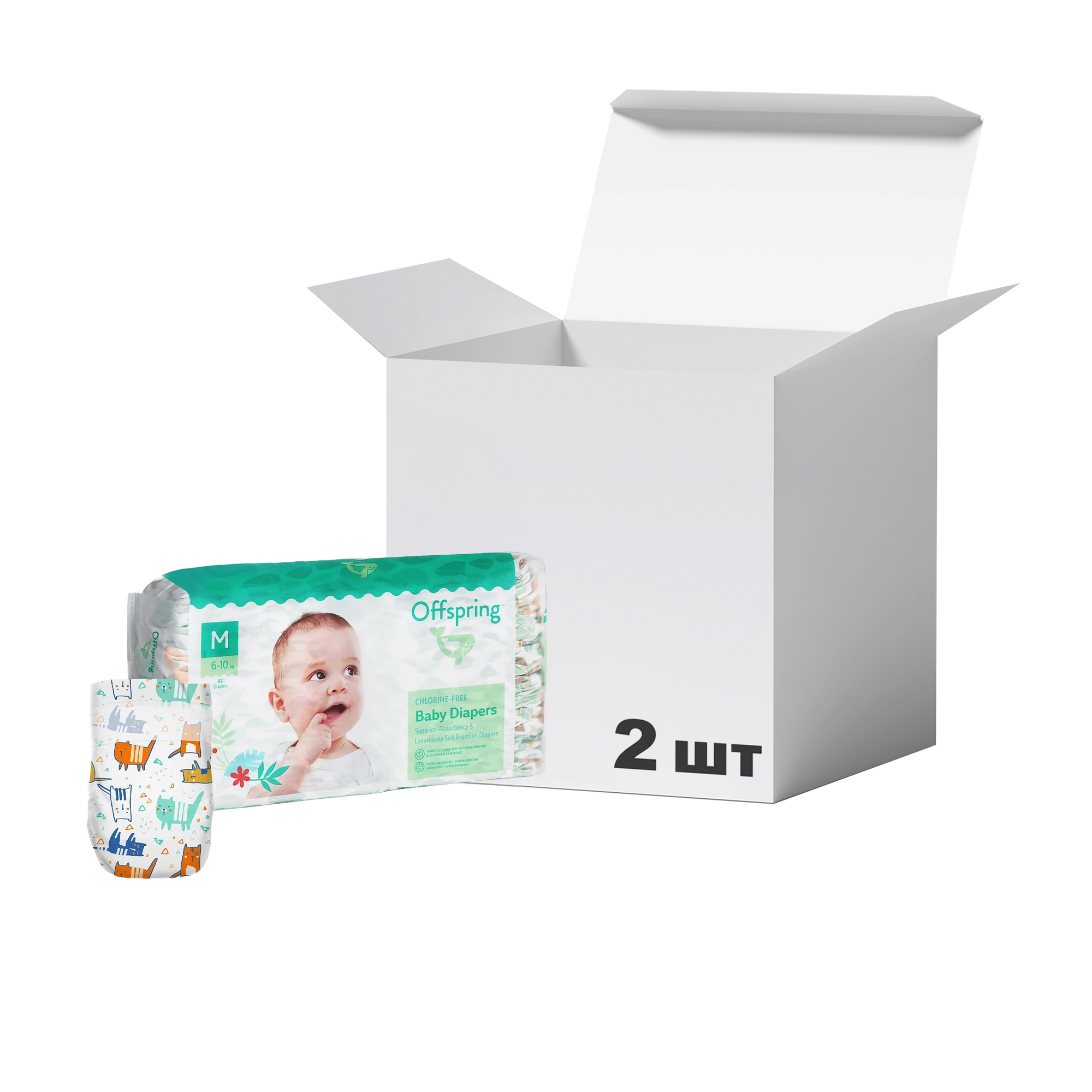 

Упаковка підгузків Offspring Meow The Cat, розмір M (6-10 кг), 42 шт * 2 шт