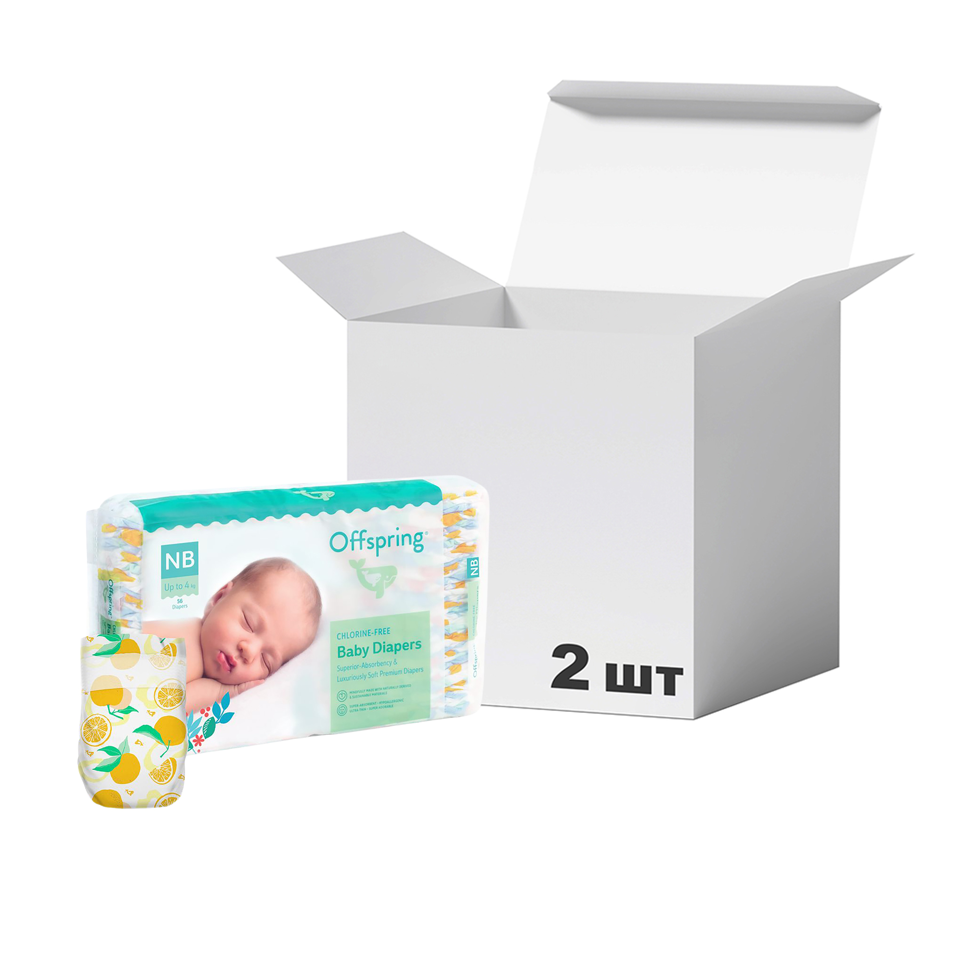 

Упаковка підгузків Offspring Tangy Orange, розмір NB (до 4 кг), 56 шт * 2 шт