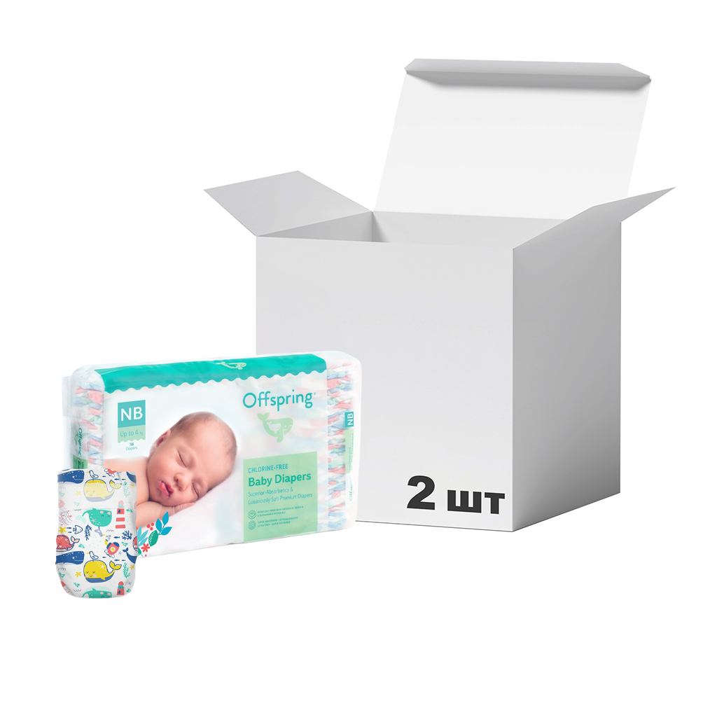 

Упаковка підгузків Offspring Willy the Whale, розмір NB (до 4 кг), 56 шт * 2 шт