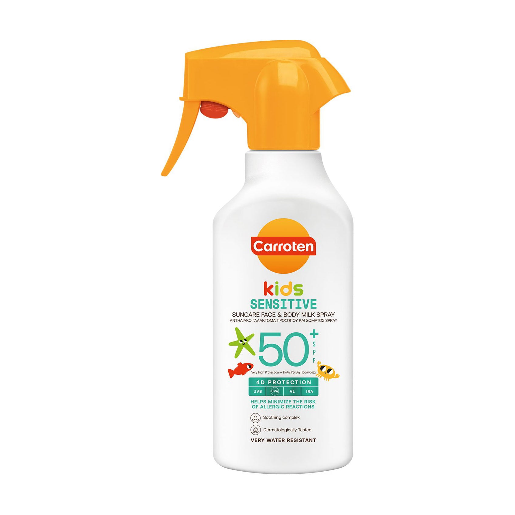 

Дитяче сонцезахисне молочко-спрей для обличчя та тіла Carroten Kids Sensitive Suncare Face & Body Milk Spray для чутливої шкіри, SPF 50+, 270 мл