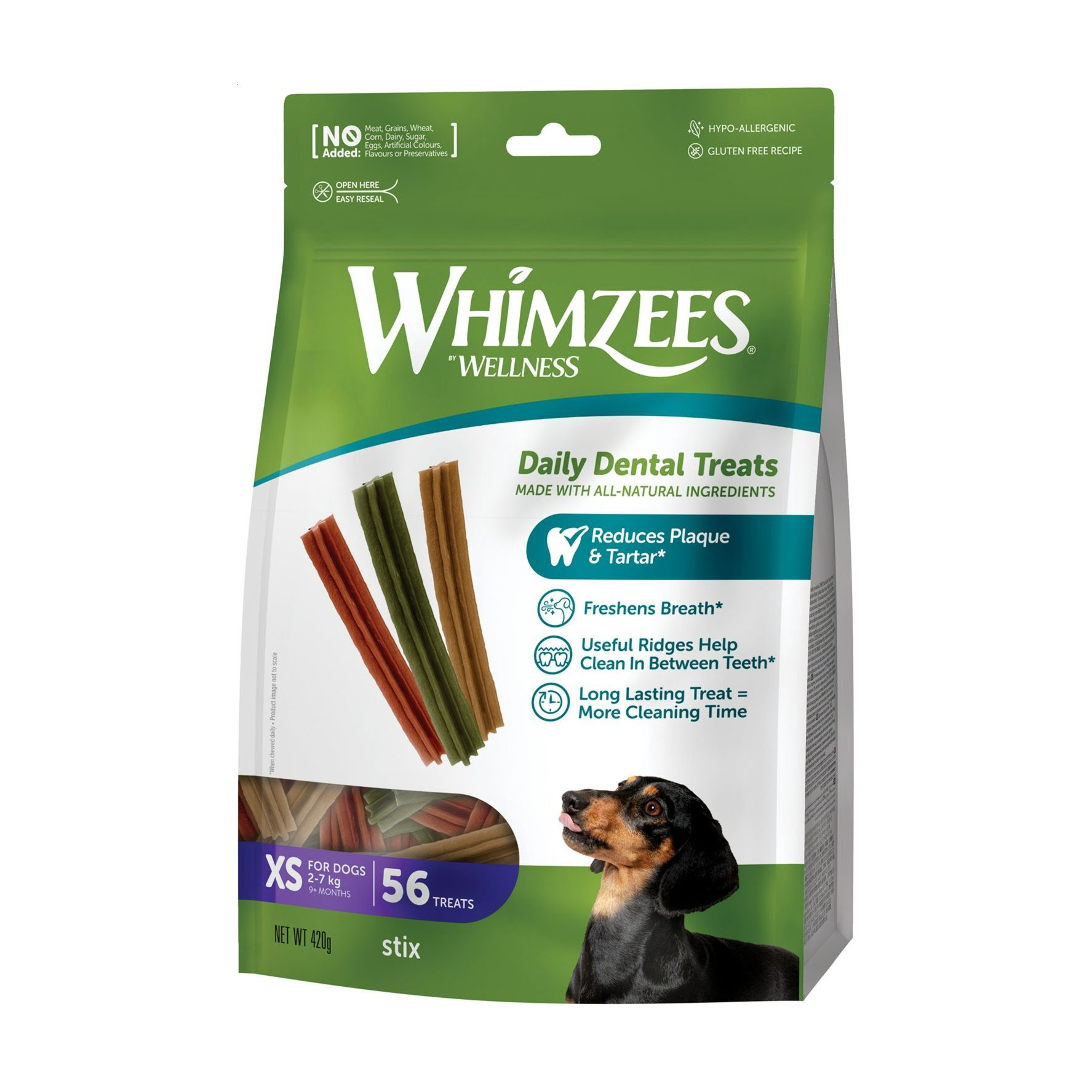 

Ласощі для собак Whimzees Stix Daily Dental Treats розміром XS (2-7 кг), від 9 місяців, у формі паличок, 56 шт