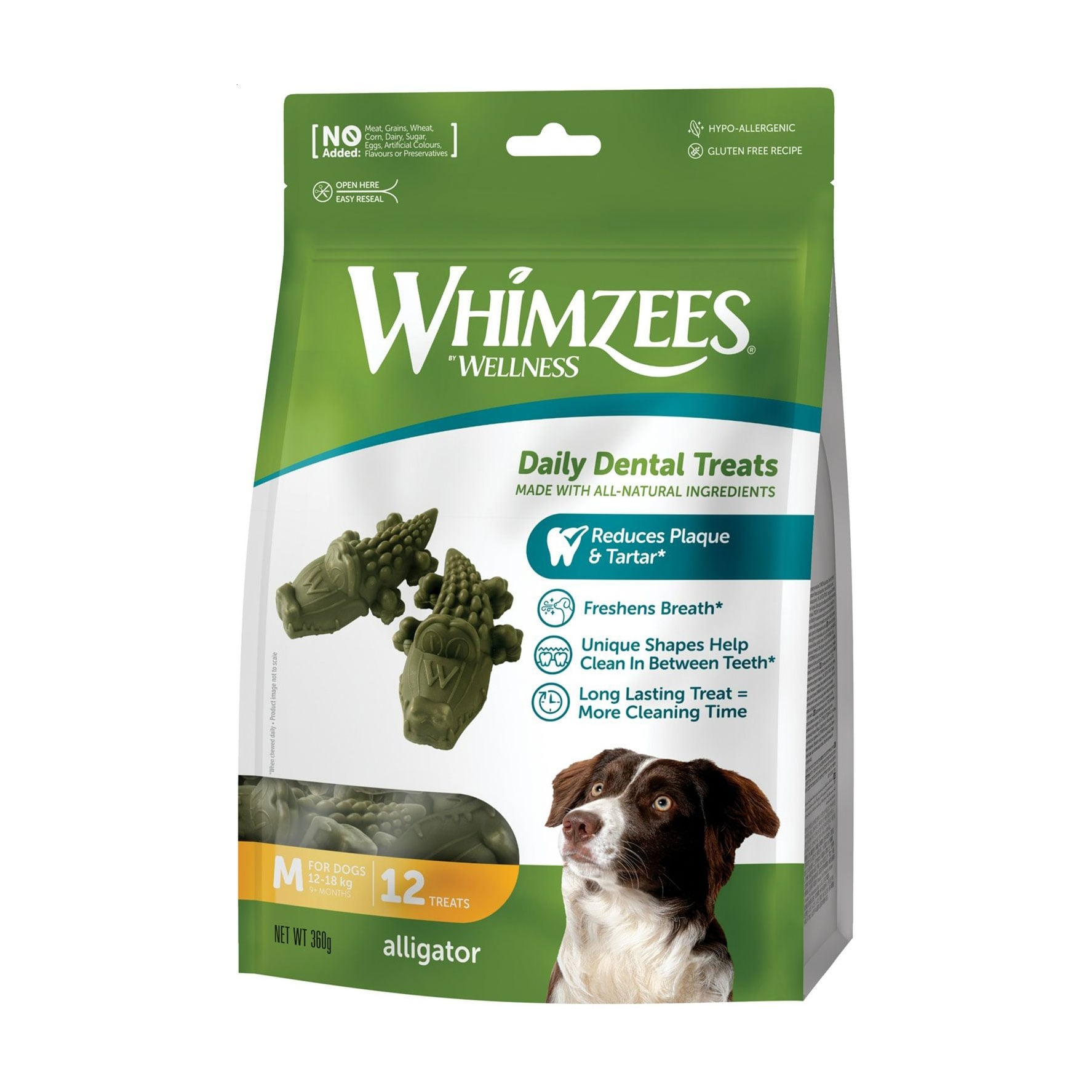 

Ласощі для собак Whimzees Alligator Daily Dental Treats розміром M (12-18 кг), від 9 місяців, у формі алігатора, 12 шт