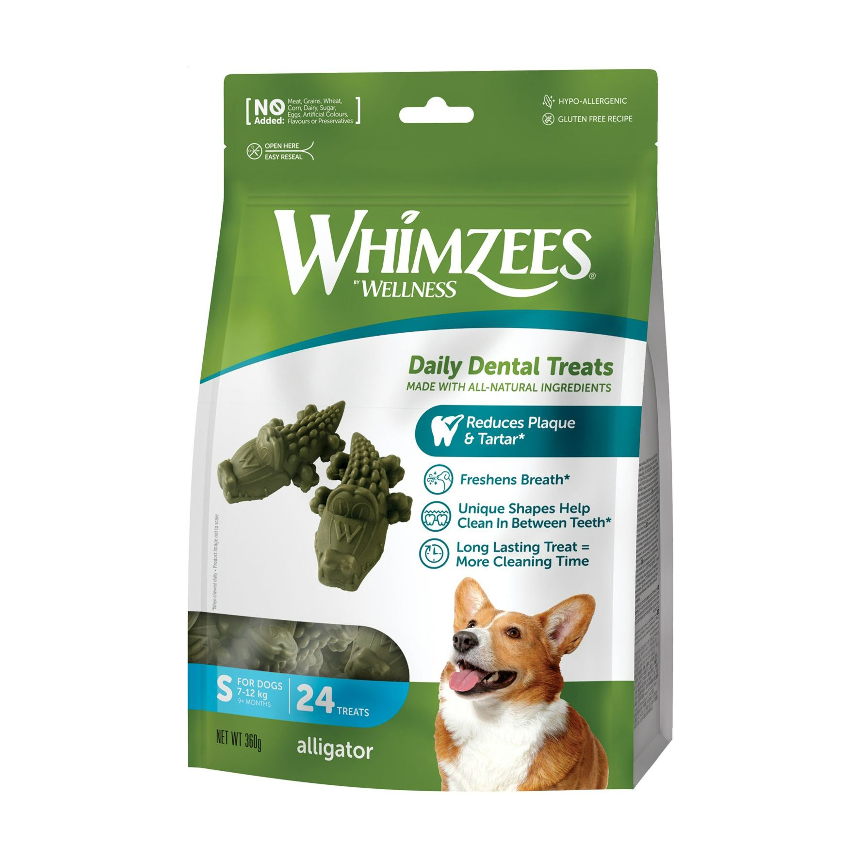 

Ласощі для собак Whimzees Alligator Daily Dental Treats розміром S (7-12 кг), від 9 місяців, у формі алігатора, 24 шт