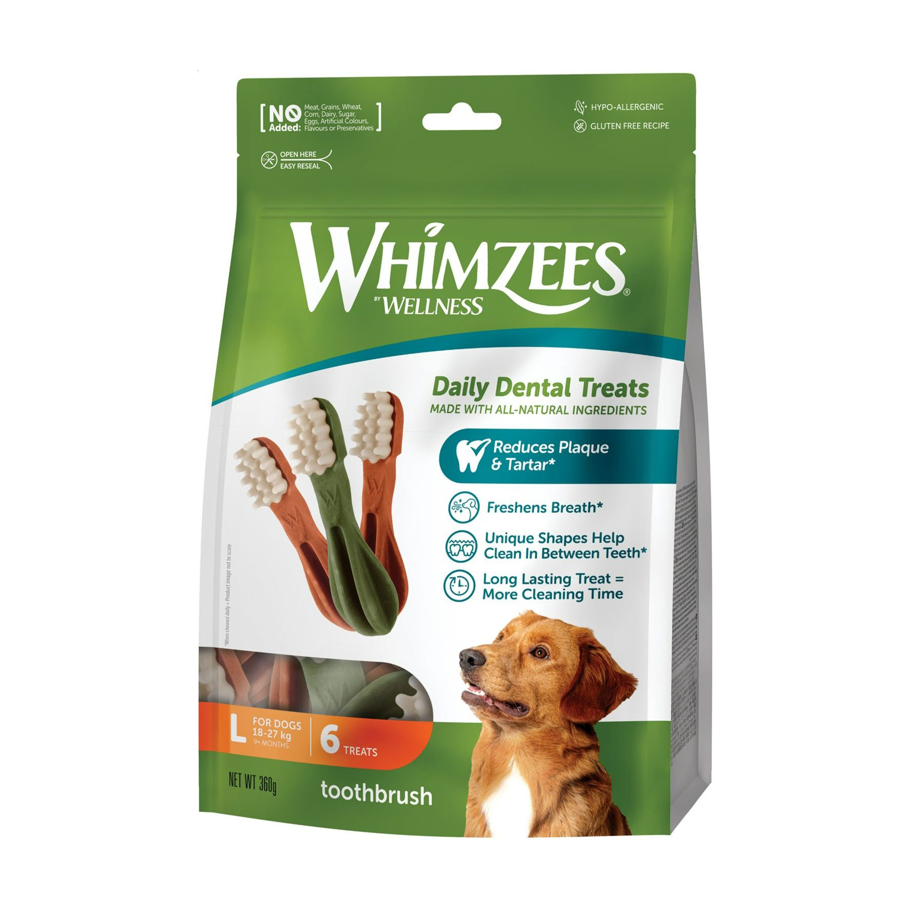 

Ласощі для собак Whimzees Toothbrush Daily Dental Treats розміром L (18-27 кг), від 9 місяців, у формі зубної щітки, 6 шт