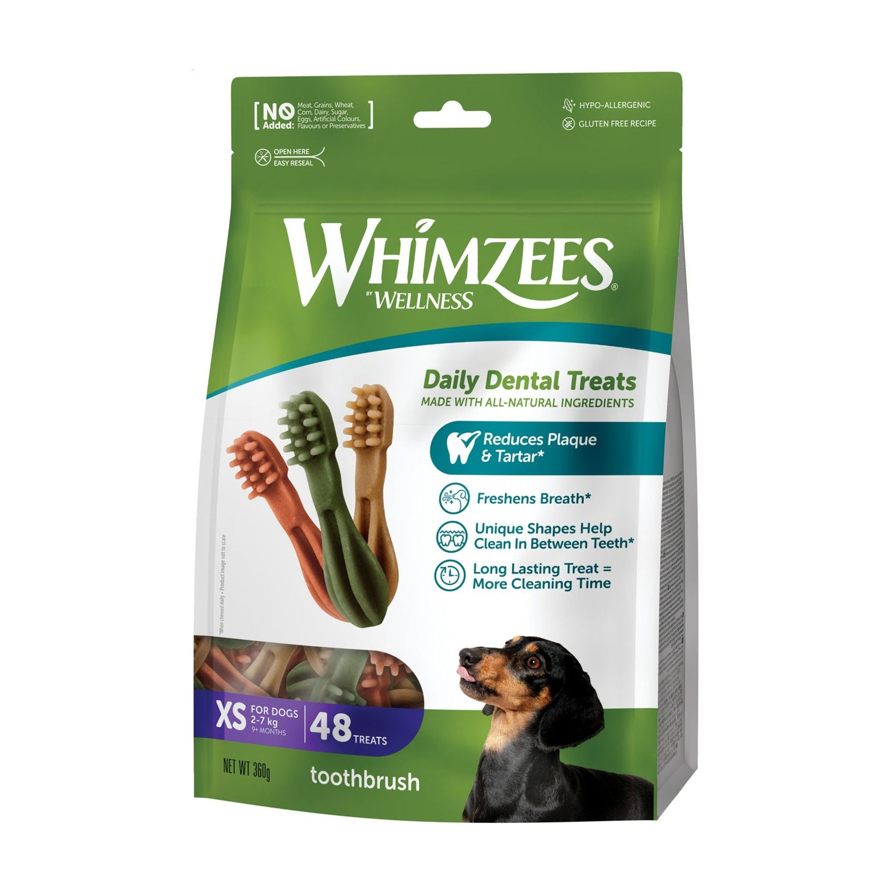 

Ласощі для собак Whimzees Toothbrush Daily Dental Treats розміром XS (2-7 кг), від 9 місяців, у формі зубної щітки, 48 шт