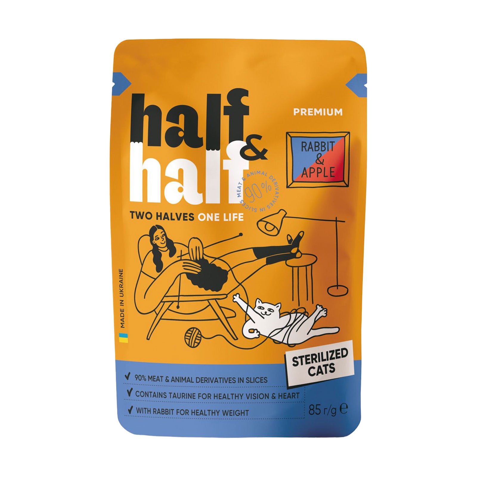 

Вологий корм для стерилізованих котів Half&Half з кроликом та яблуком в желе, 85 г