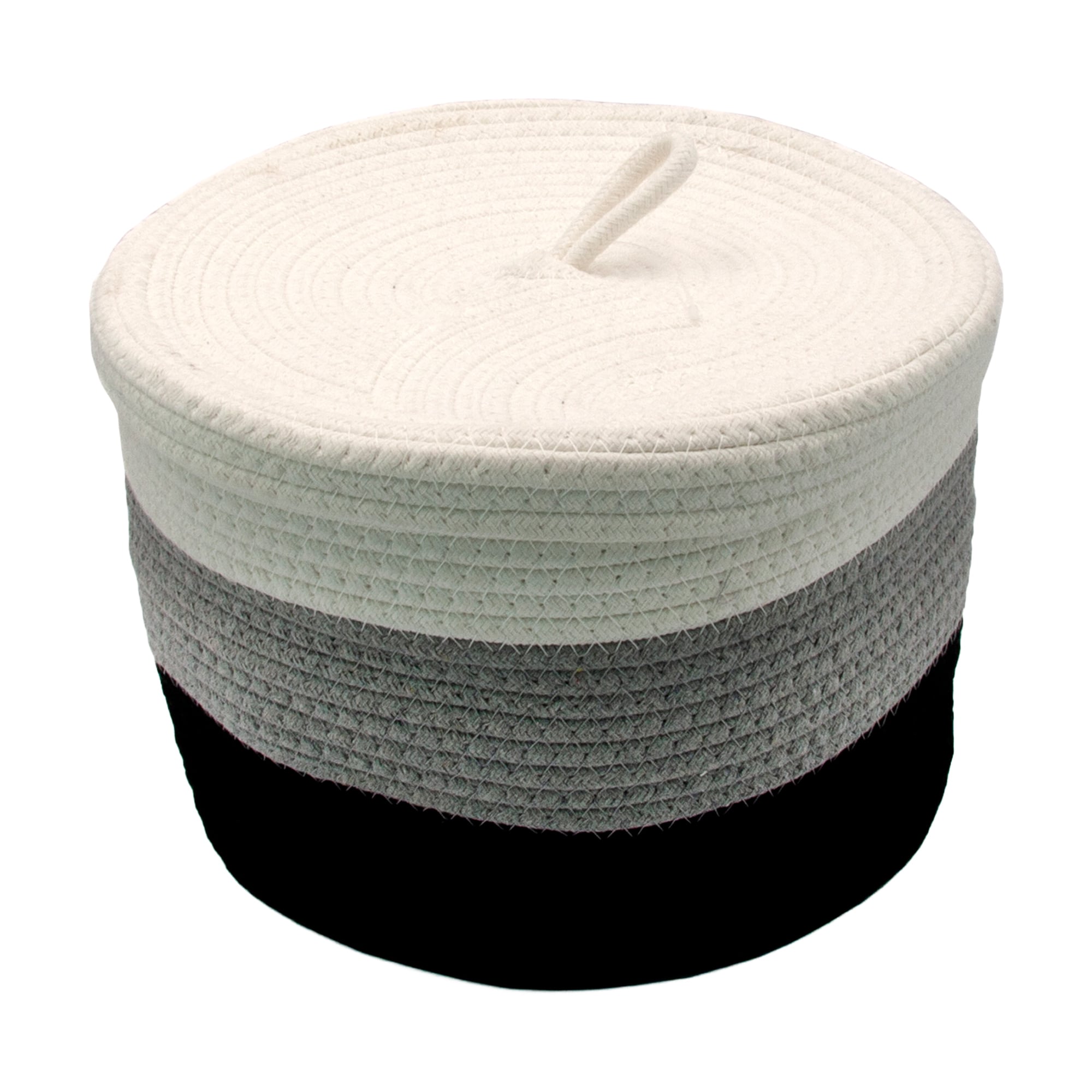 

Кошик-відерце плетений Hold & Home бавовняний, круглий, з кришкою, біло-сіро-чорний, 28*20 см (HW74805)