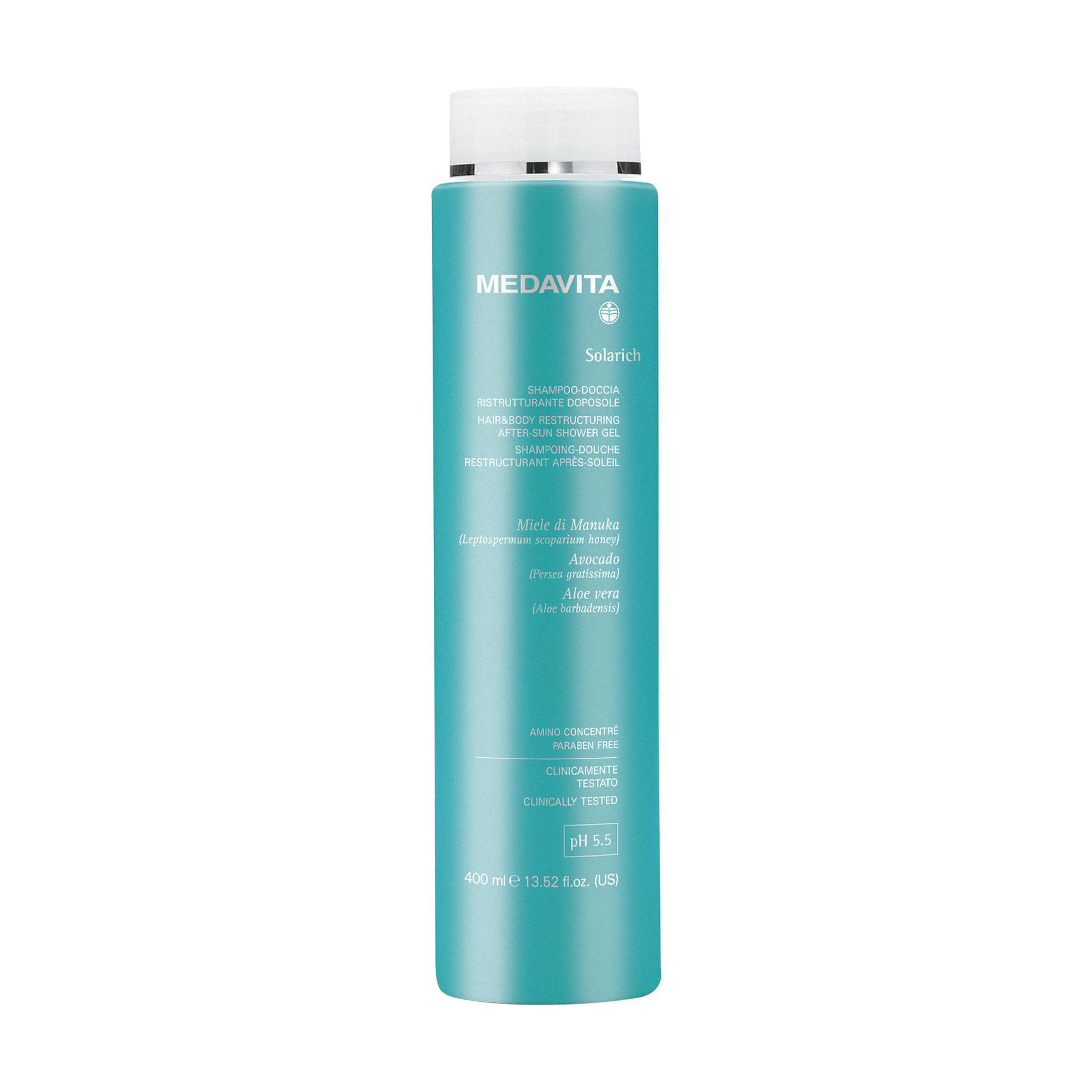 

Відновлювальний шампунь-гель для душу Medavita Solarich Hair & Body Restructuring After-Sun Shower Gel Після сонця, 400 мл