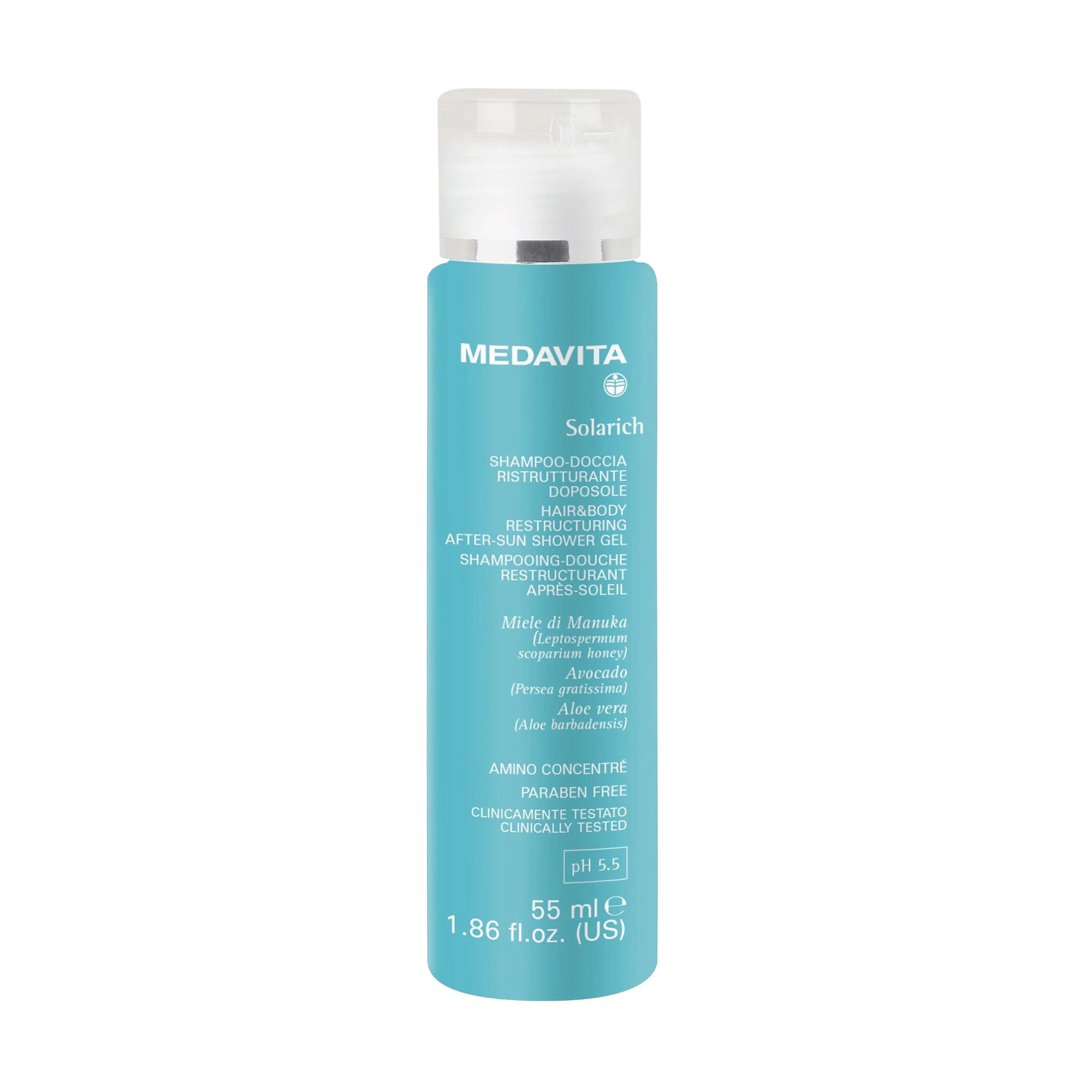 

Відновлювальний шампунь-гель для душу Medavita Solarich Hair & Body Restructuring After-Sun Shower Gel Після сонця, 55 мл