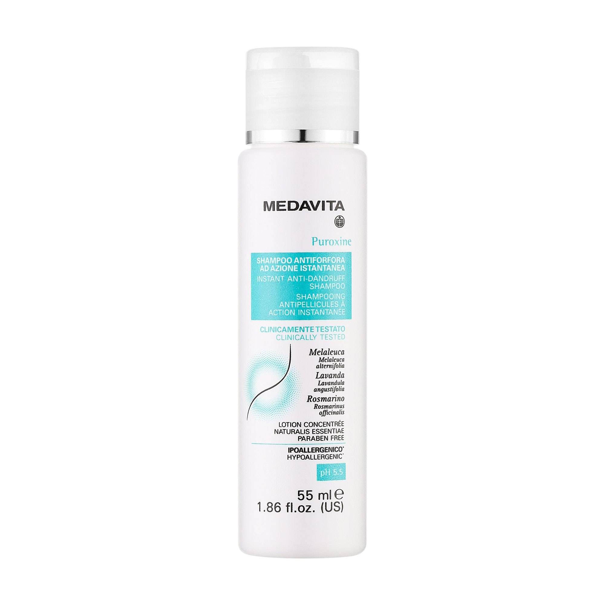 

Шампунь для волосся Medavita Puroxine Instant Anti-Dandruff Shampoo pH 5.5 проти лупи, 55 мл