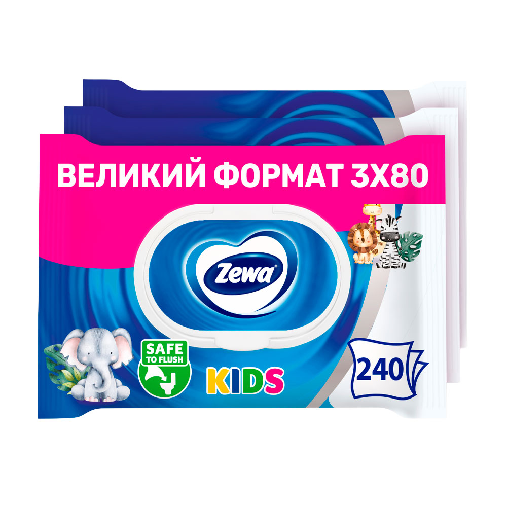 

Упаковка вологого туалетного паперу Zewa Kids без аромату, 1-шаровий, 80 шт * 3 шт
