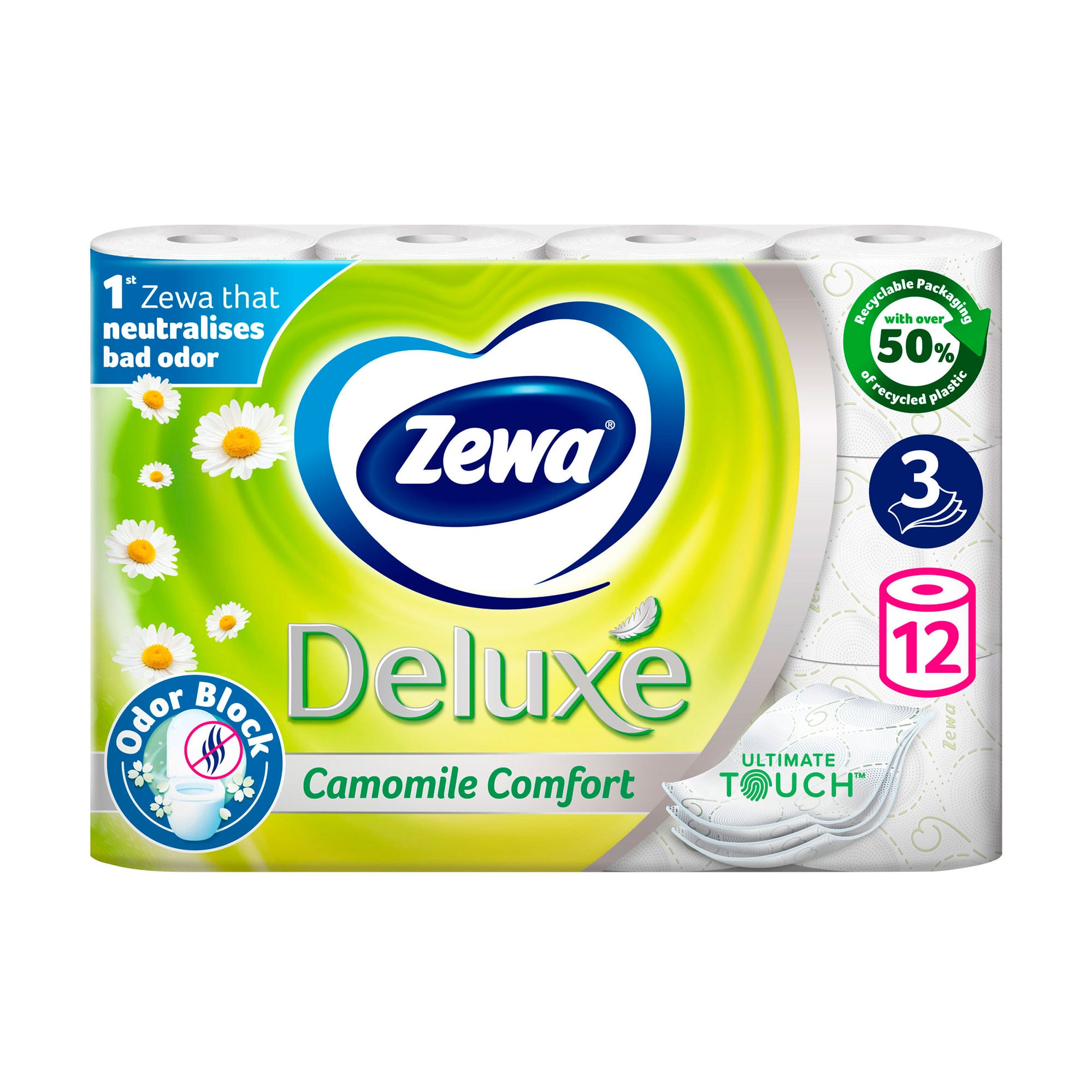 

Туалетний папір Zewa Deluxe Ромашка, 3-шаровий, 150 відривів, 12 рулонів