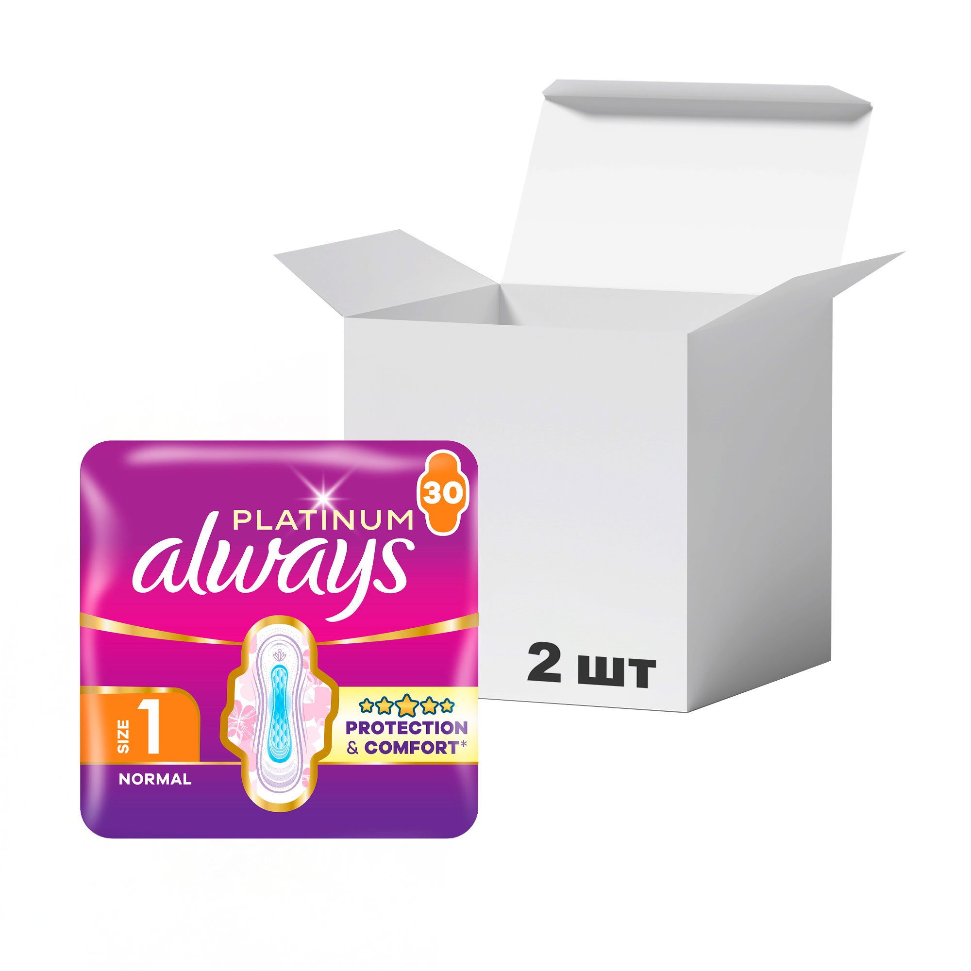 

Упаковка гігієнічних прокладок Always Platinum Normal, розмір 1, 30 шт * 2 шт