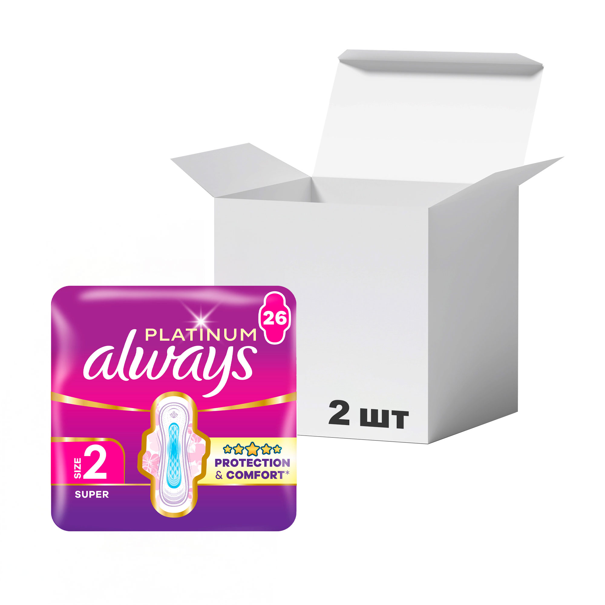 

Упаковка гігієнічних прокладок Always Platinum Super, розмір 2, 26 шт * 2 шт
