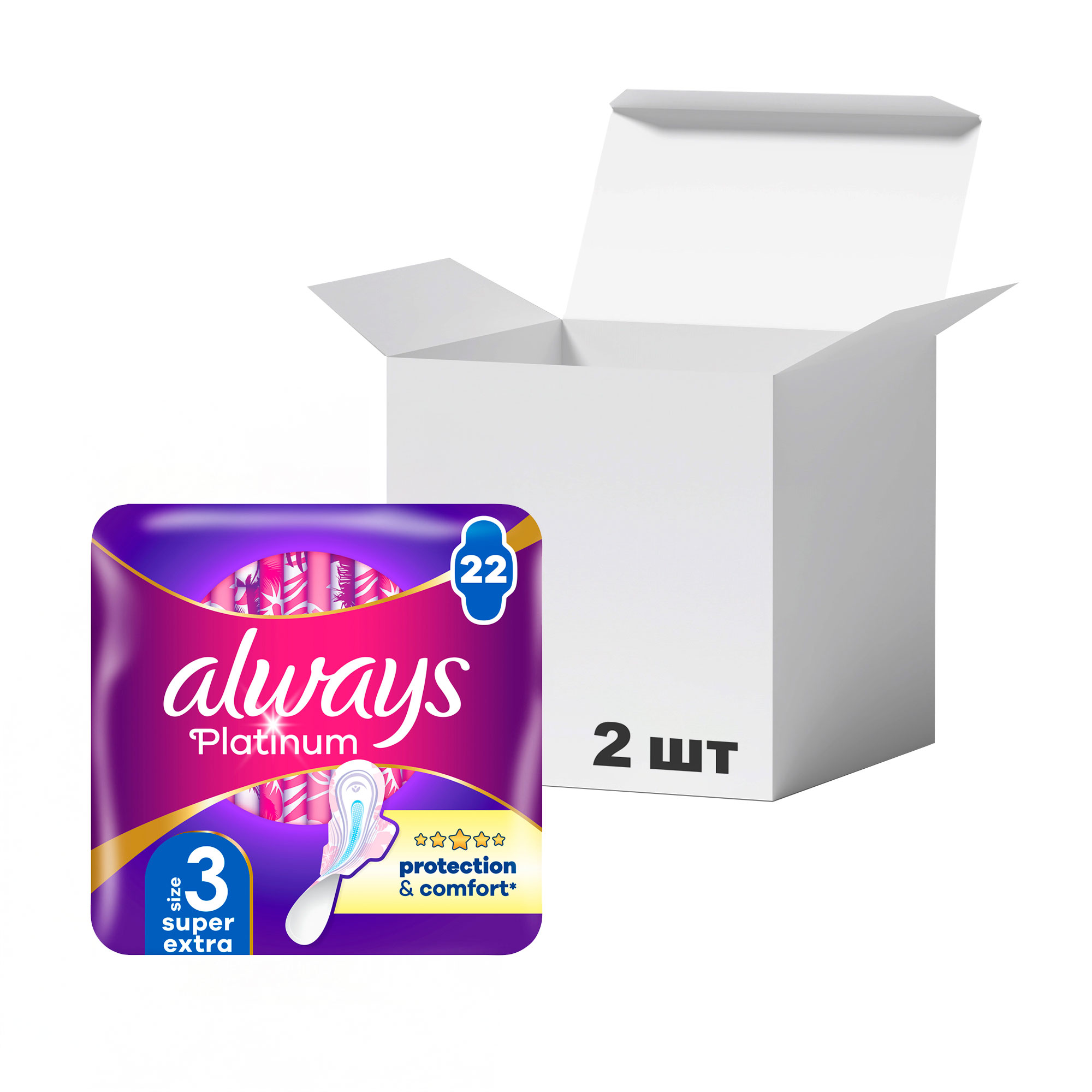 

Упаковка гігієнічних прокладок Always Platinum Super Extra, розмір 3, 22 шт * 2 шт